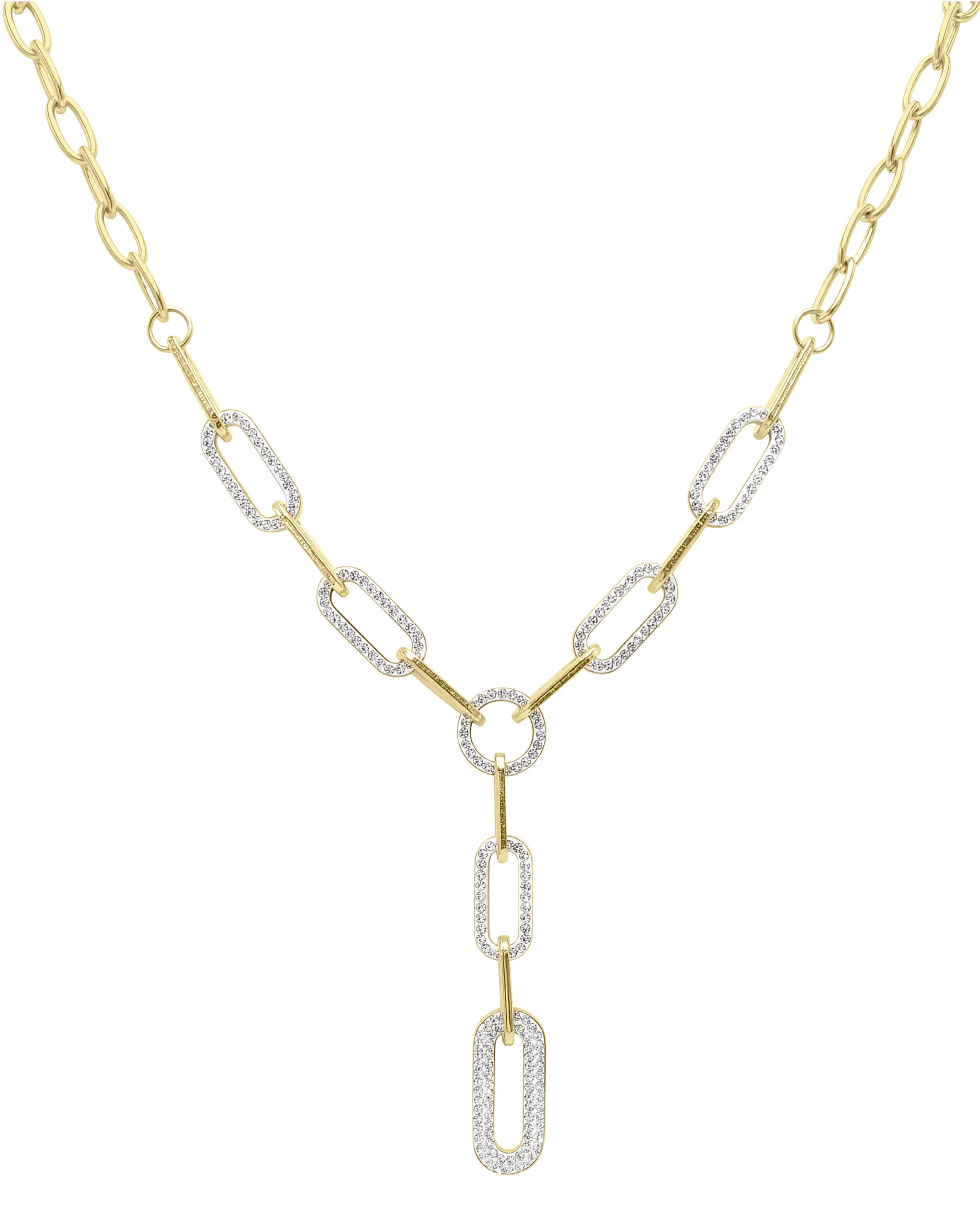 COLLIER EN ACIER DORE MAILLES OVALES AVEC STRASS - Image 3