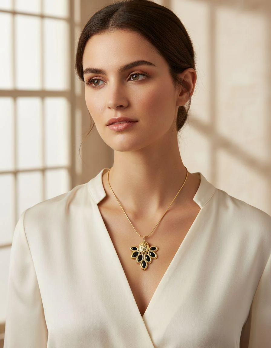 COLLIER EN ACIER DORE MOTIF FLORAL COULEUR ONYX - Image 2