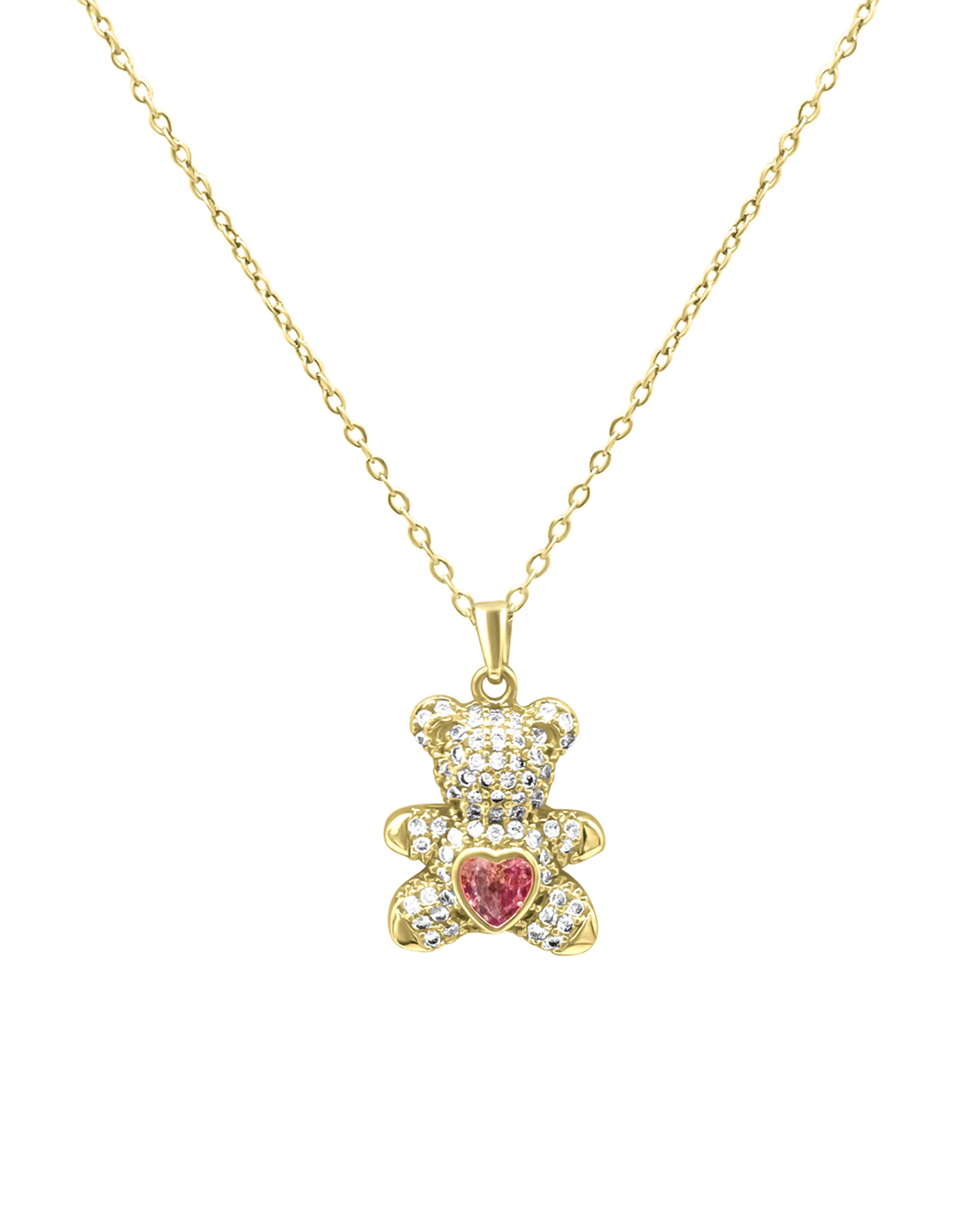 COLLIER EN ACIER DORE NOUNOURS AVEC COEUR CENTRAL ROSE EN ZIRCONIUM