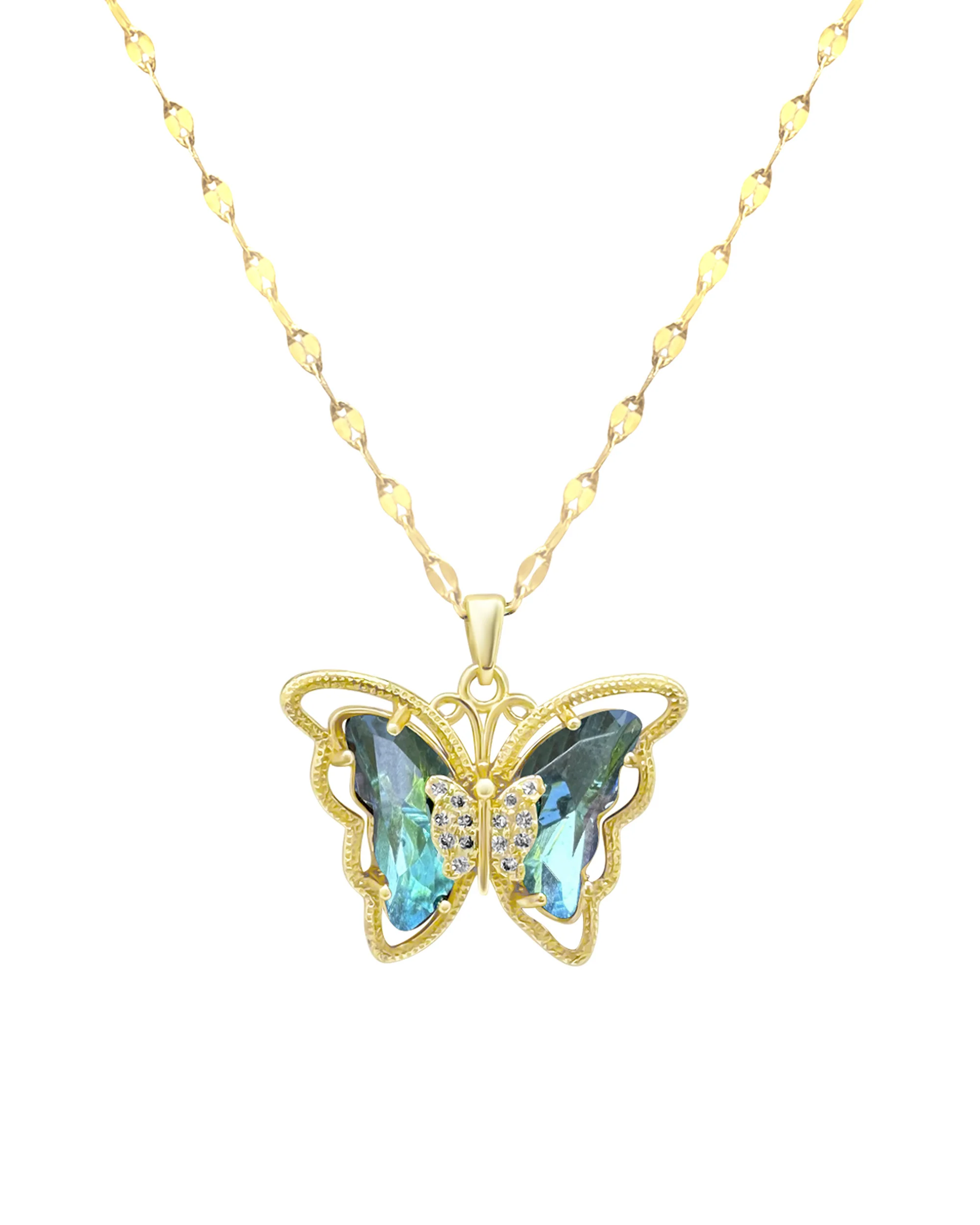 COLLIER EN ACIER DORE PAPILLON AIGUE-MARIN AVEC PIERRES