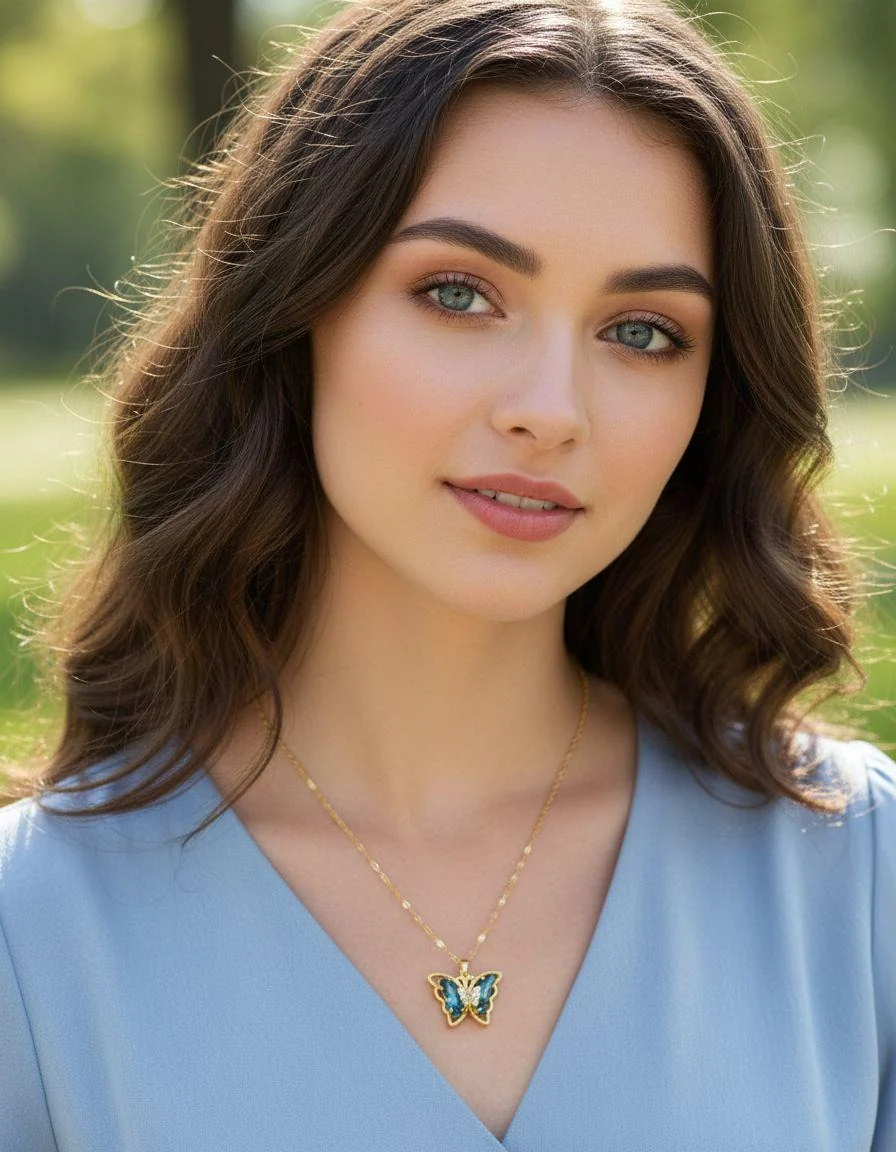 COLLIER EN ACIER DORE PAPILLON AIGUE-MARIN AVEC PIERRES - Image 2