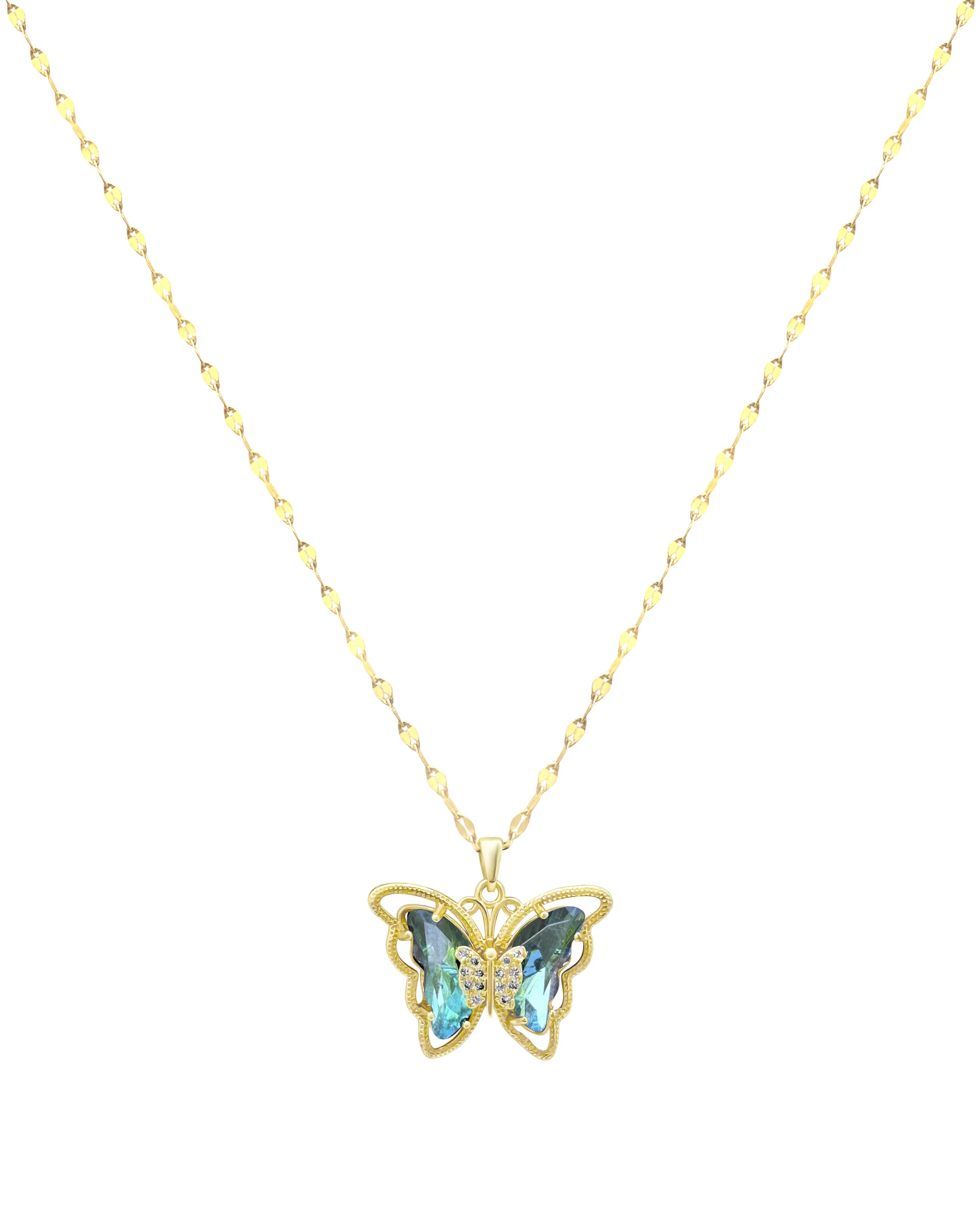 COLLIER EN ACIER DORE PAPILLON AIGUE-MARIN AVEC PIERRES - Image 3
