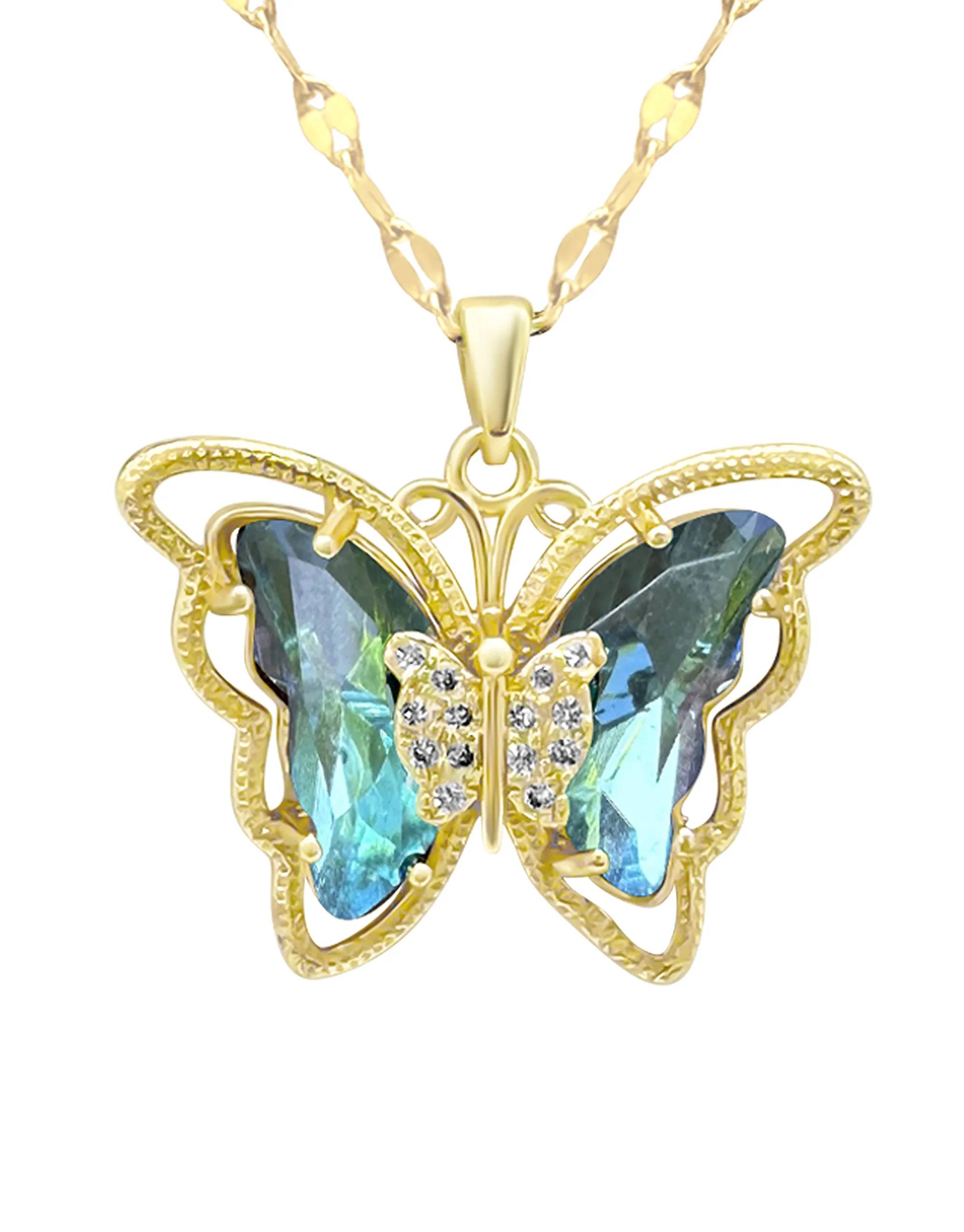 COLLIER EN ACIER DORE PAPILLON AIGUE-MARIN AVEC PIERRES - Image 4