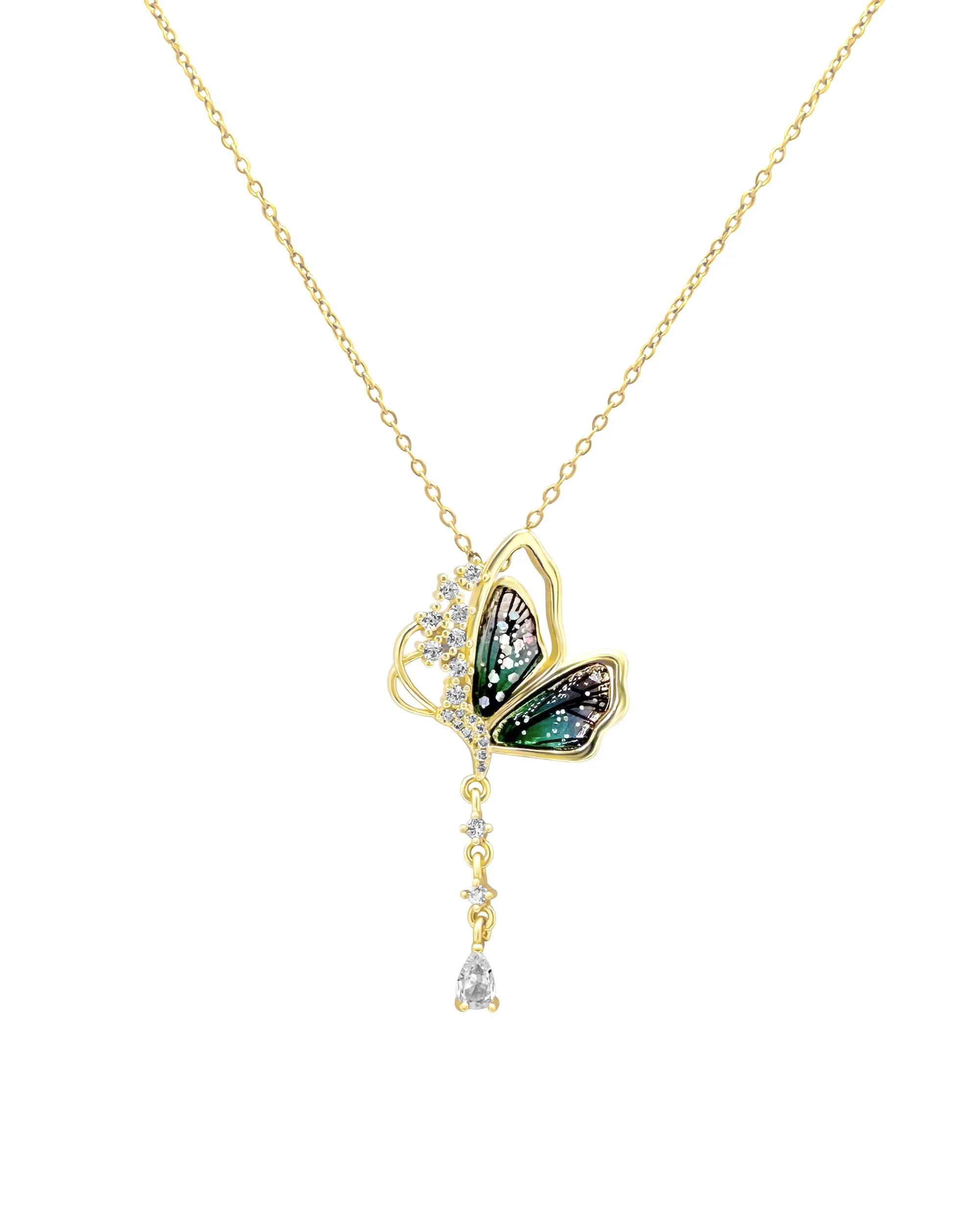 COLLIER EN ACIER DORE PAPILLON ARC EN CIEL AVEC STRASS ET PENDENTIF ZIRCONIUM
