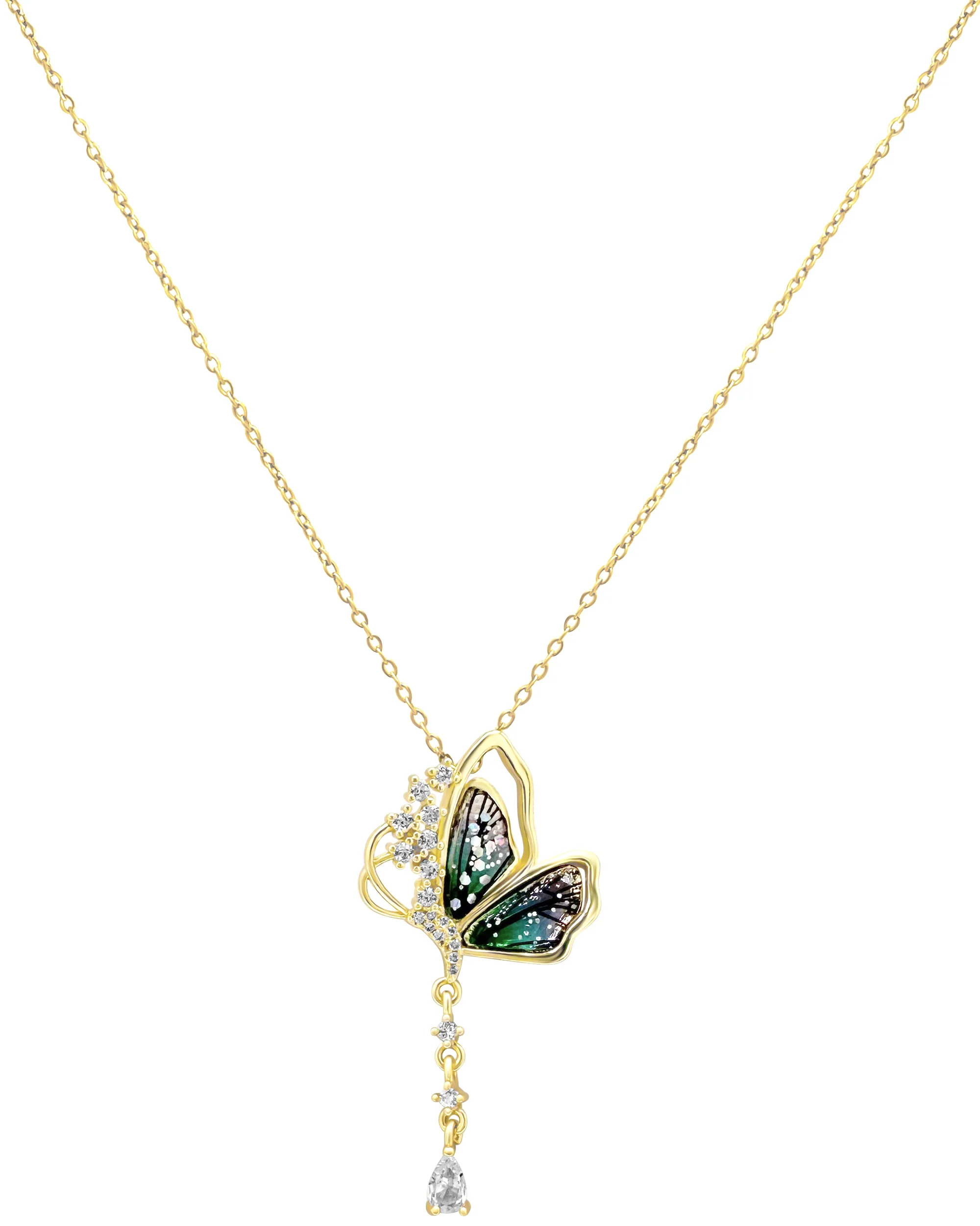 COLLIER EN ACIER DORE PAPILLON ARC EN CIEL AVEC STRASS ET PENDENTIF ZIRCONIUM - Image 3