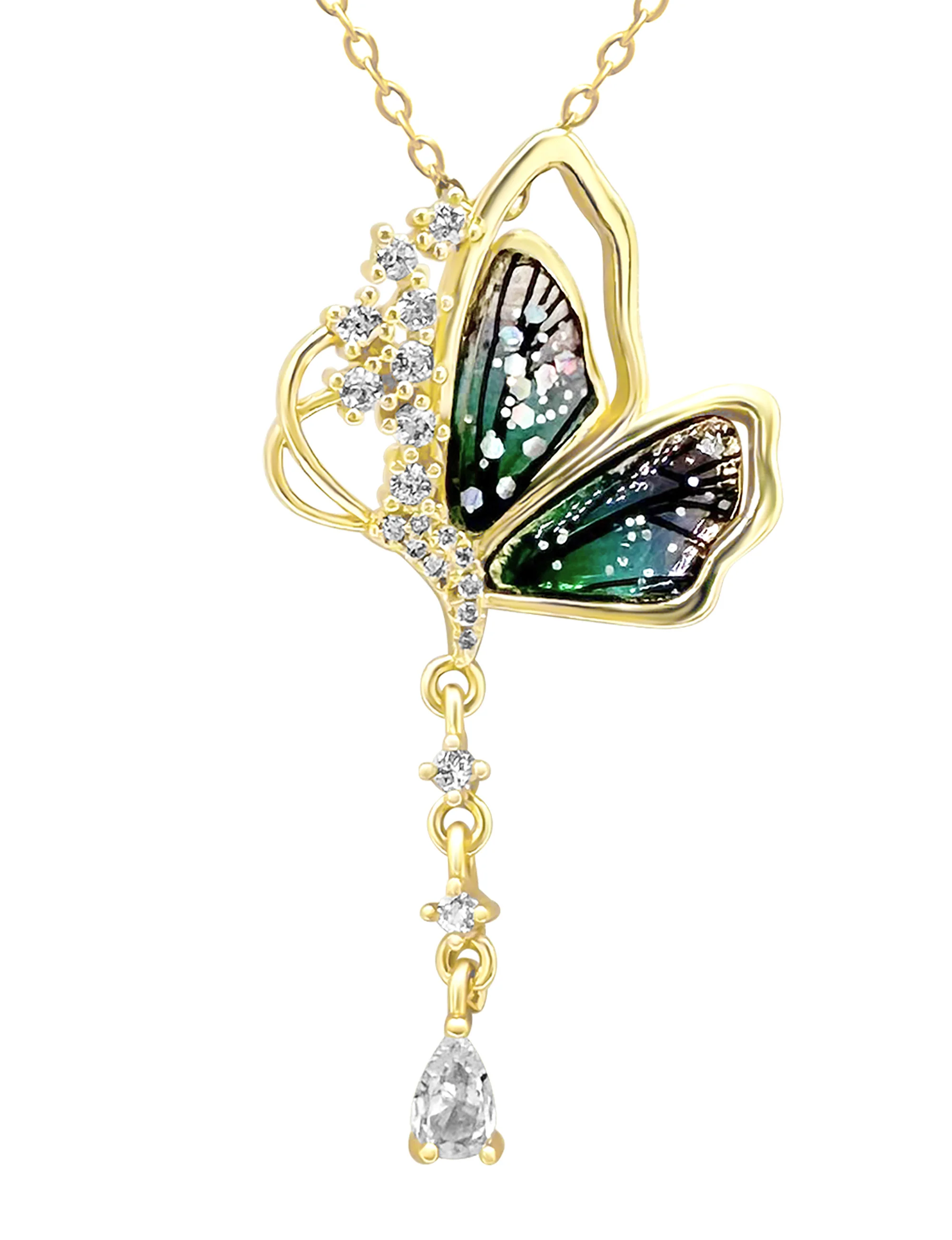 COLLIER EN ACIER DORE PAPILLON ARC EN CIEL AVEC STRASS ET PENDENTIF ZIRCONIUM - Image 4