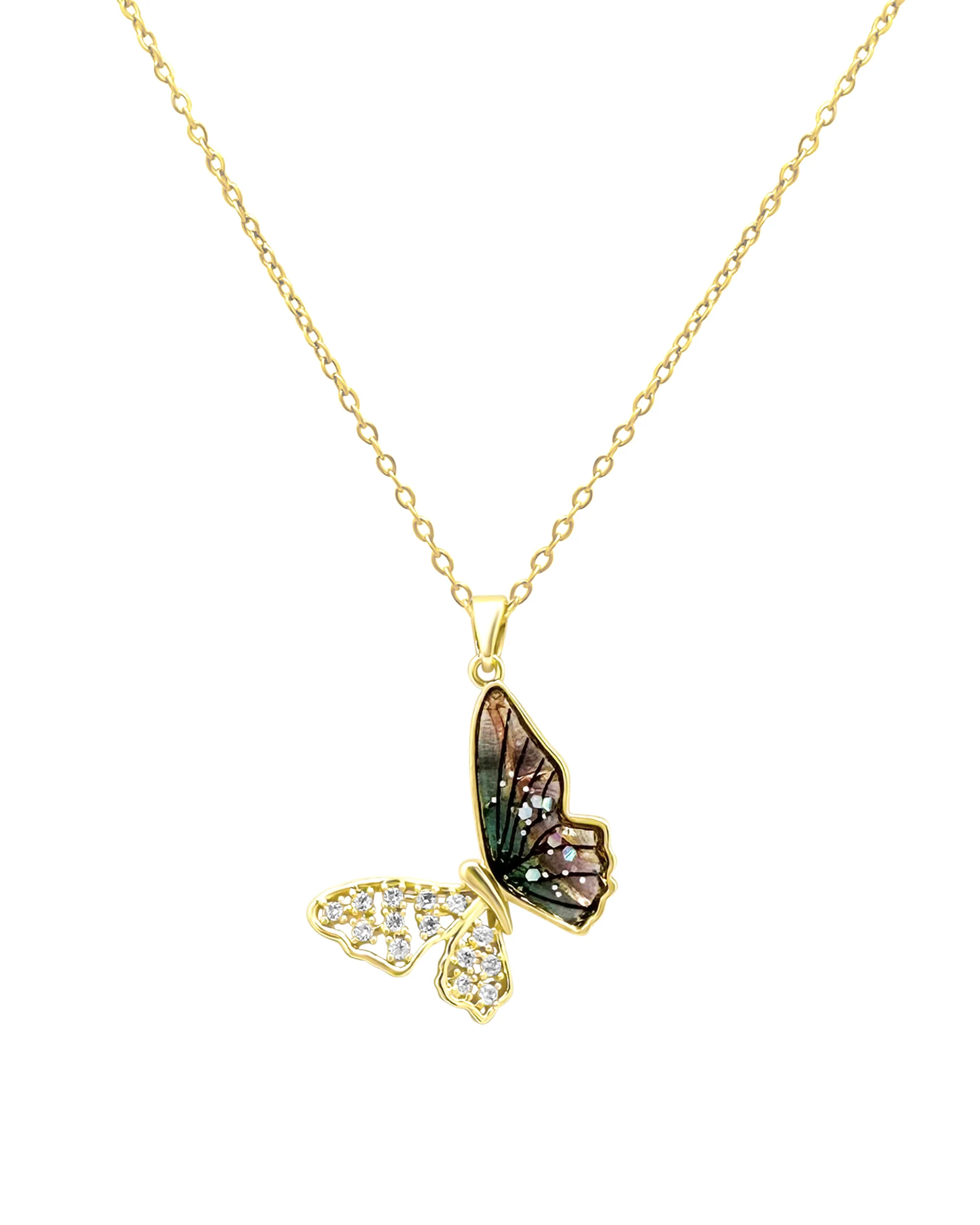 COLLIER EN ACIER DORE PAPILLON AVEC AILES ARC EN CIEL ET ZIRCONIUM