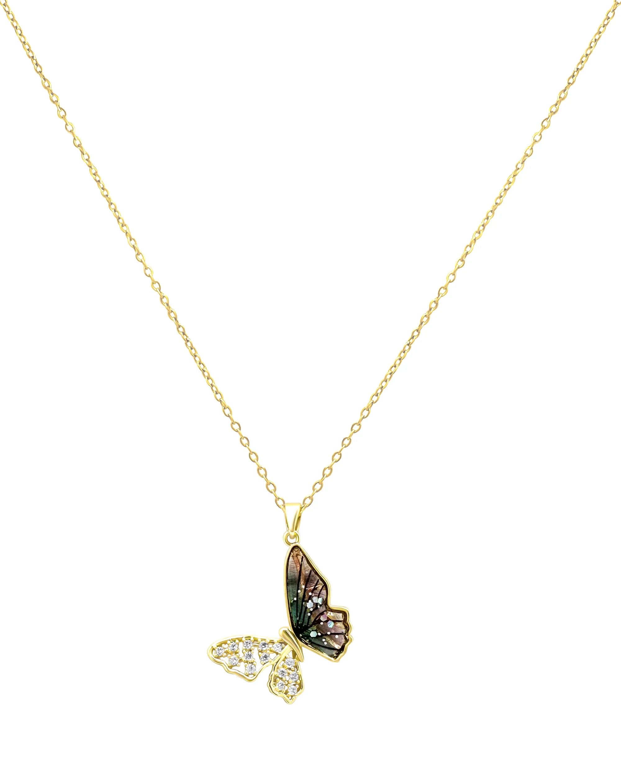 COLLIER EN ACIER DORE PAPILLON AVEC AILES ARC EN CIEL ET ZIRCONIUM - Image 3