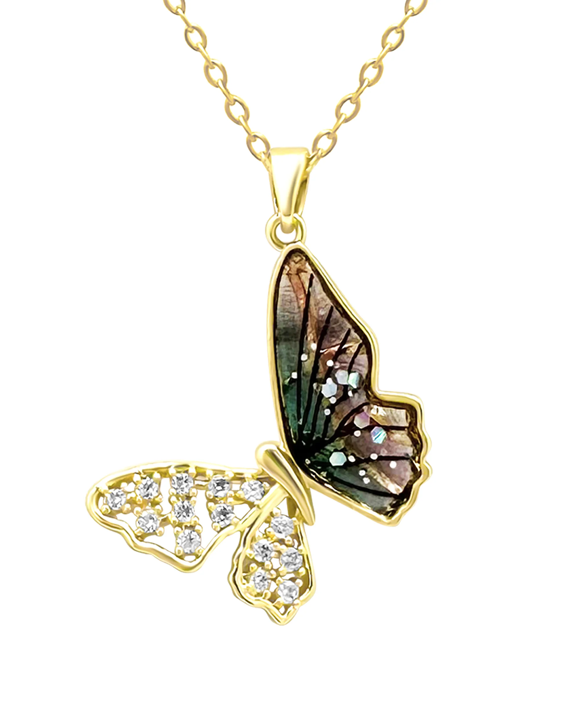 COLLIER EN ACIER DORE PAPILLON AVEC AILES ARC EN CIEL ET ZIRCONIUM - Image 4