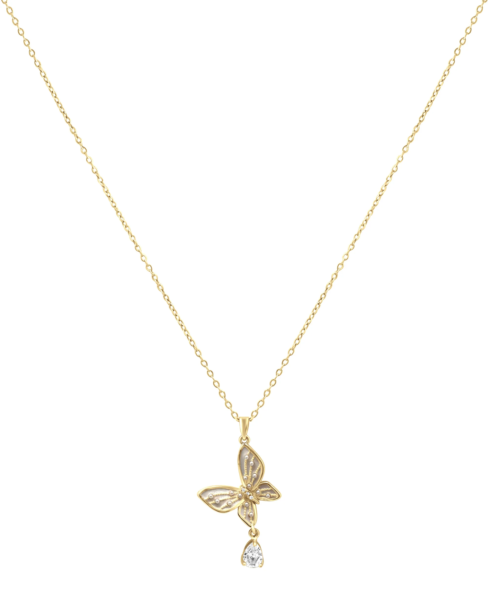 COLLIER EN ACIER DORE PAPILLON NACRE AVEC MINI PERLES ET SOLITAIRE - Image 3