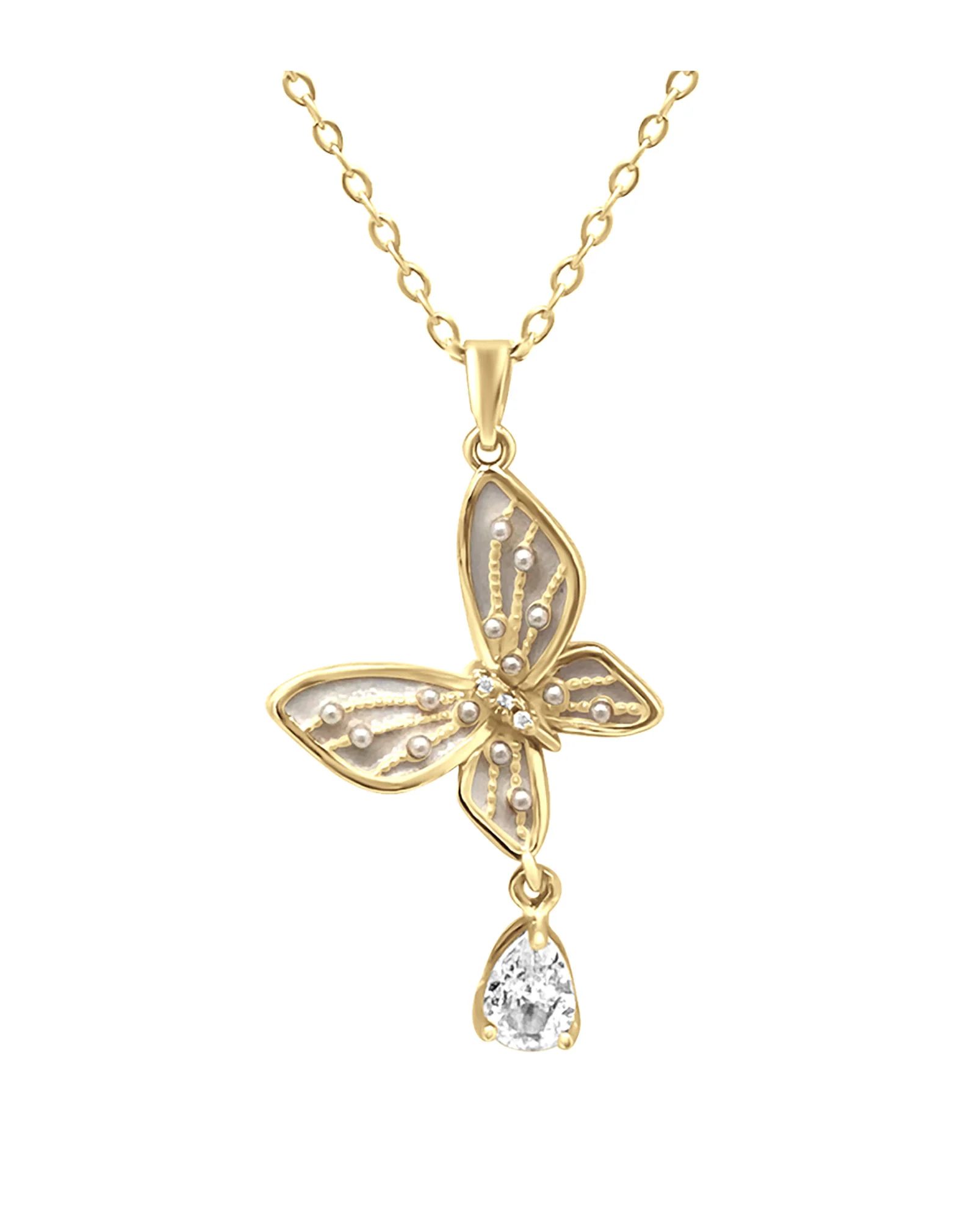 COLLIER EN ACIER DORE PAPILLON NACRE AVEC MINI PERLES ET SOLITAIRE - Image 4