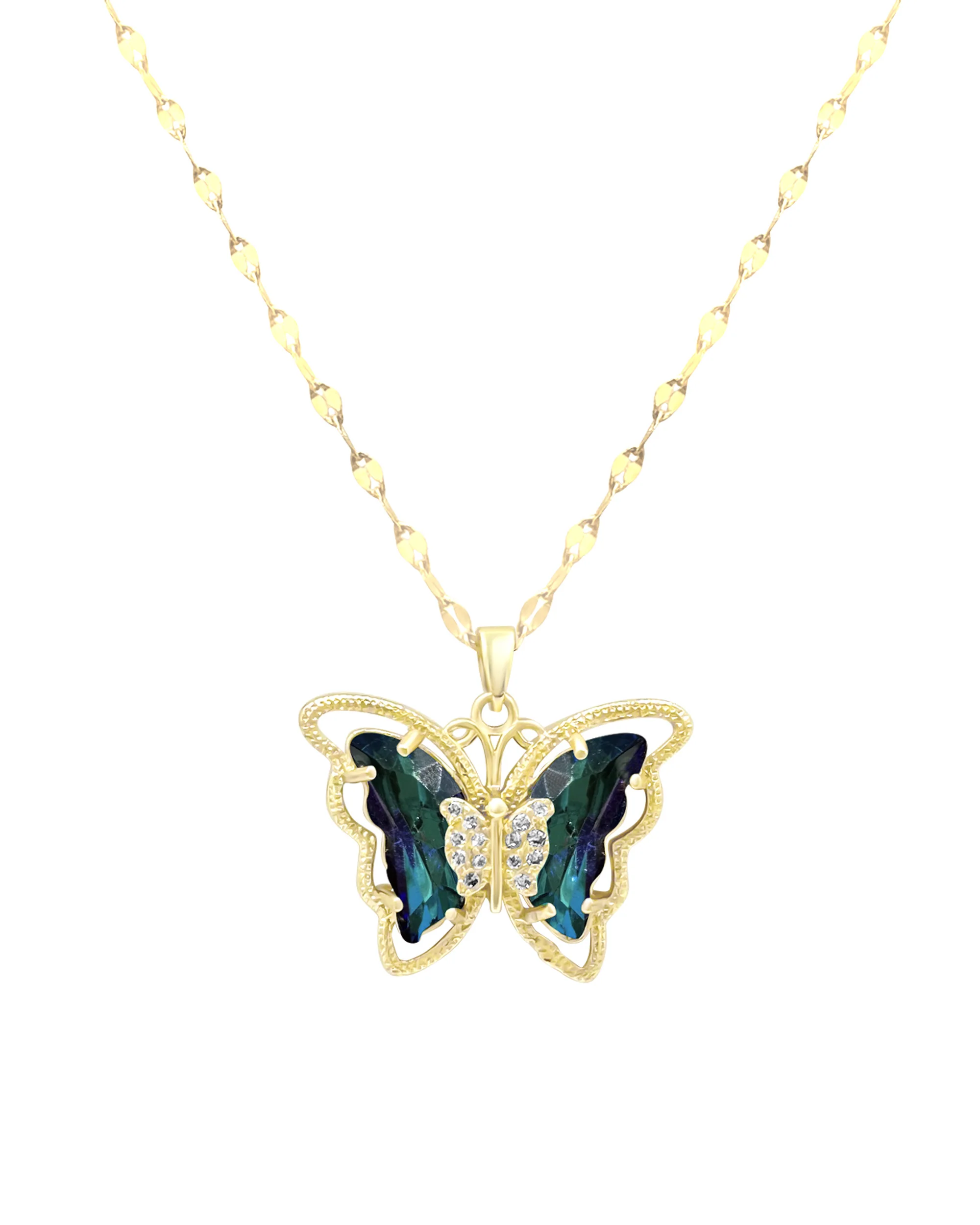 COLLIER EN ACIER DORE PAPILLON SAPHIR AVEC PIERRES