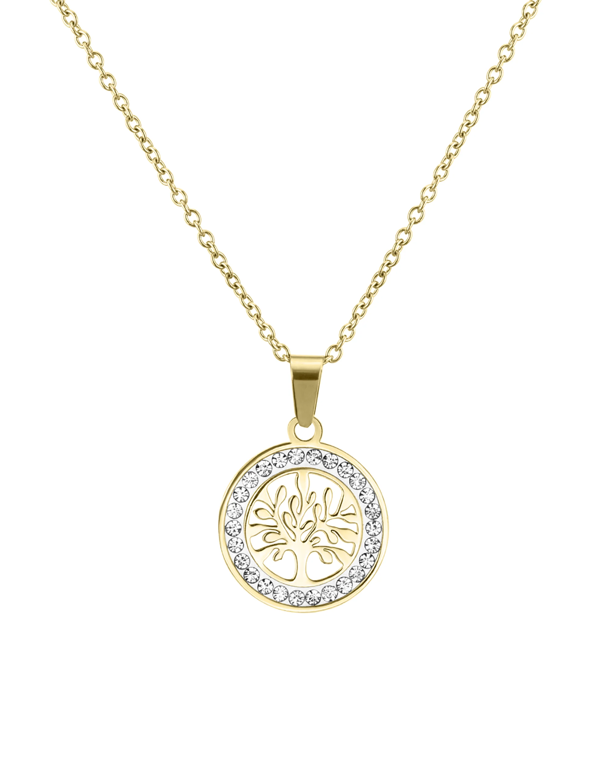 COLLIER EN ACIER DORE PENDENTIF ARBRE DE VIE AVEC STRASS