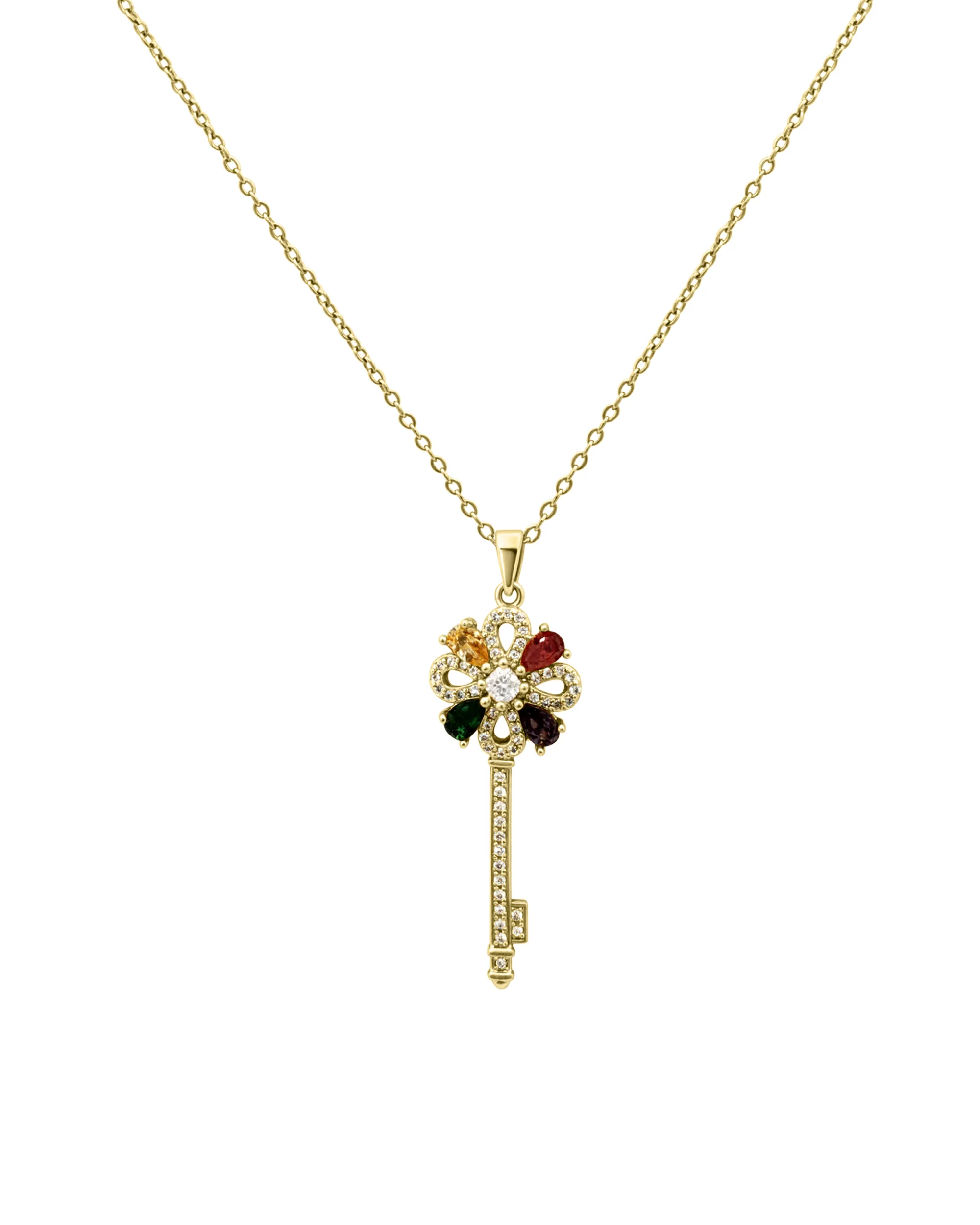 COLLIER EN ACIER DORE PENDENTIF CLE AVEC PIERRES MULTI COULEUR