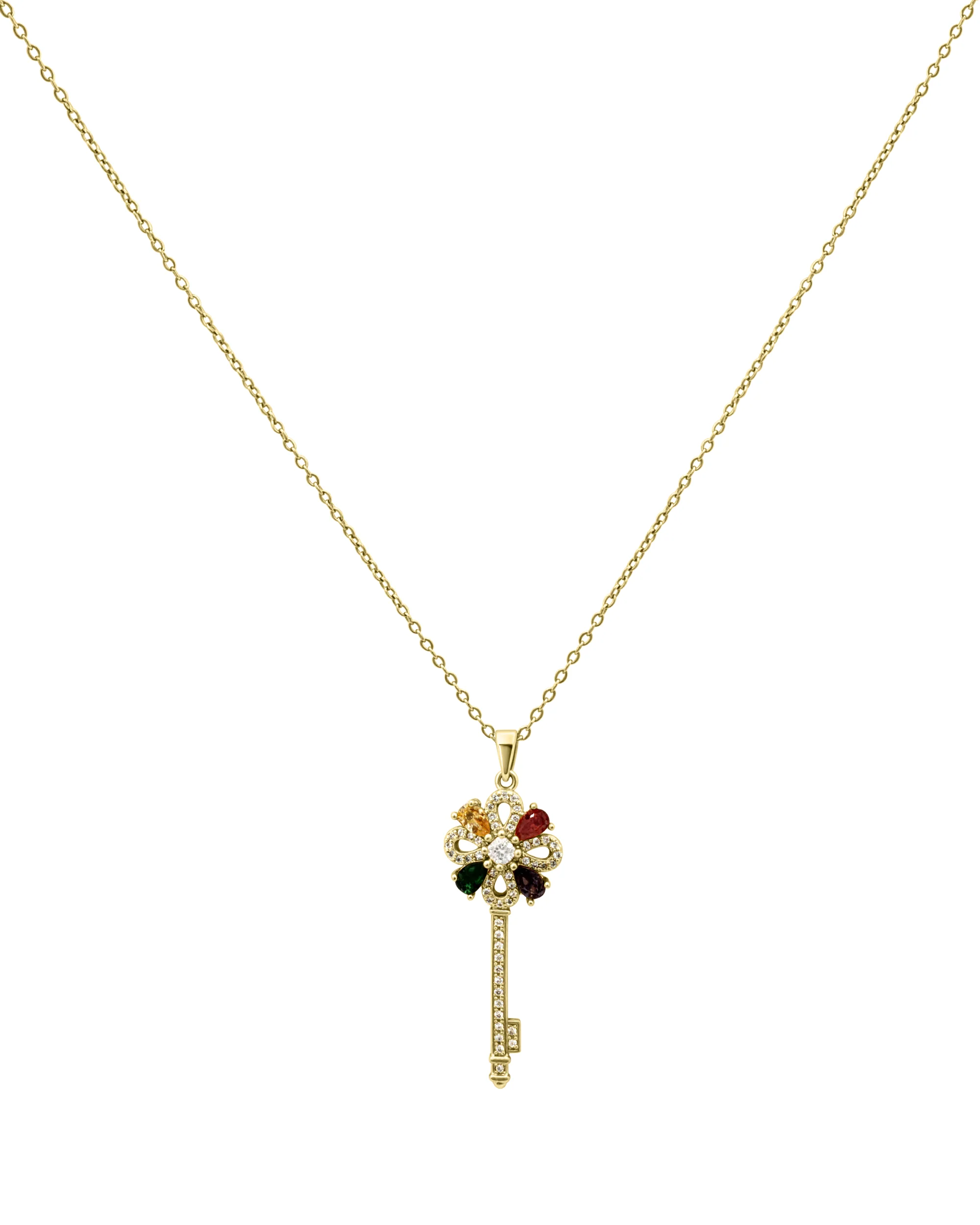 COLLIER EN ACIER DORE PENDENTIF CLE AVEC PIERRES MULTI COULEUR - Image 3