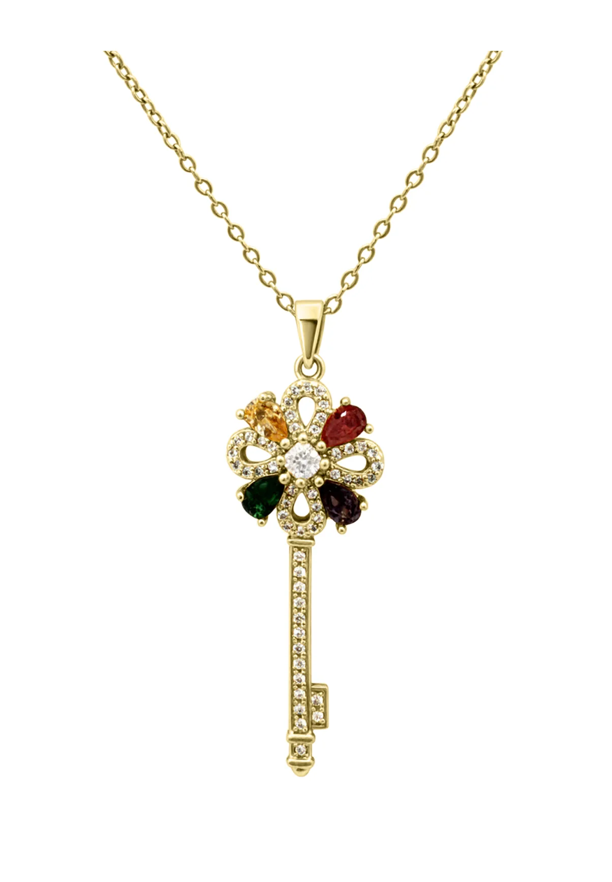 COLLIER EN ACIER DORE PENDENTIF CLE AVEC PIERRES MULTI COULEUR - Image 4