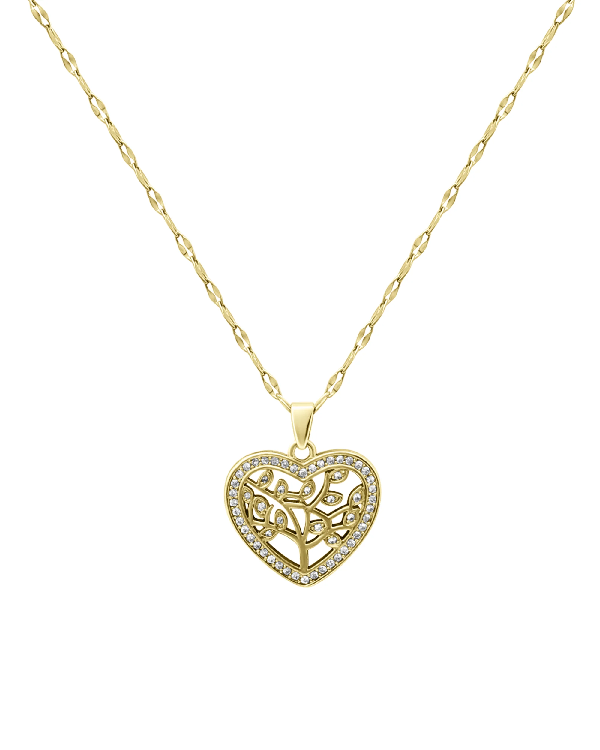 COLLIER EN ACIER DORE PENDENTIF COEUR AVEC ARBRE DE VIE
