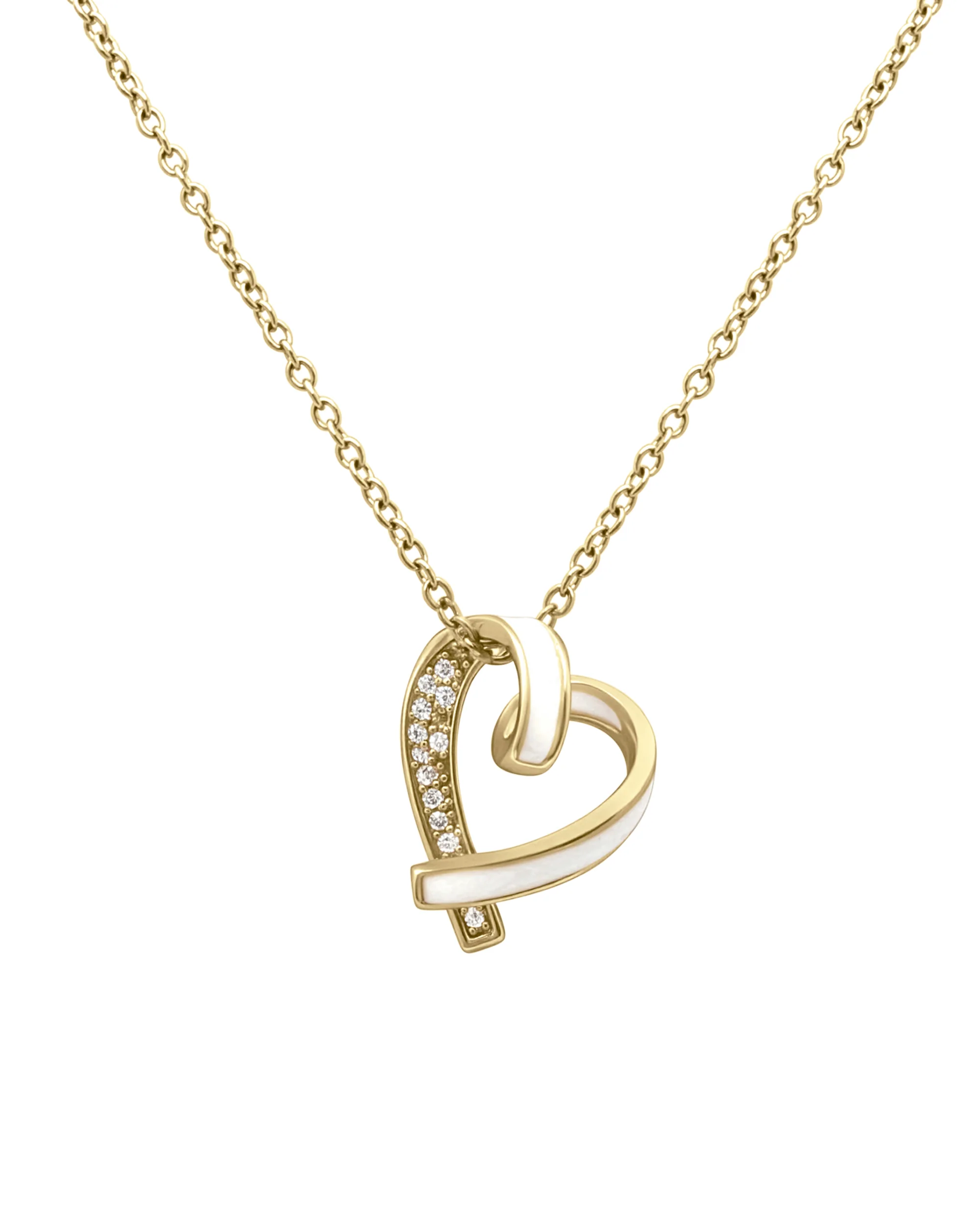 COLLIER EN ACIER DORE PENDENTIF COEUR AVEC EMAIL BLANC ET STRASS