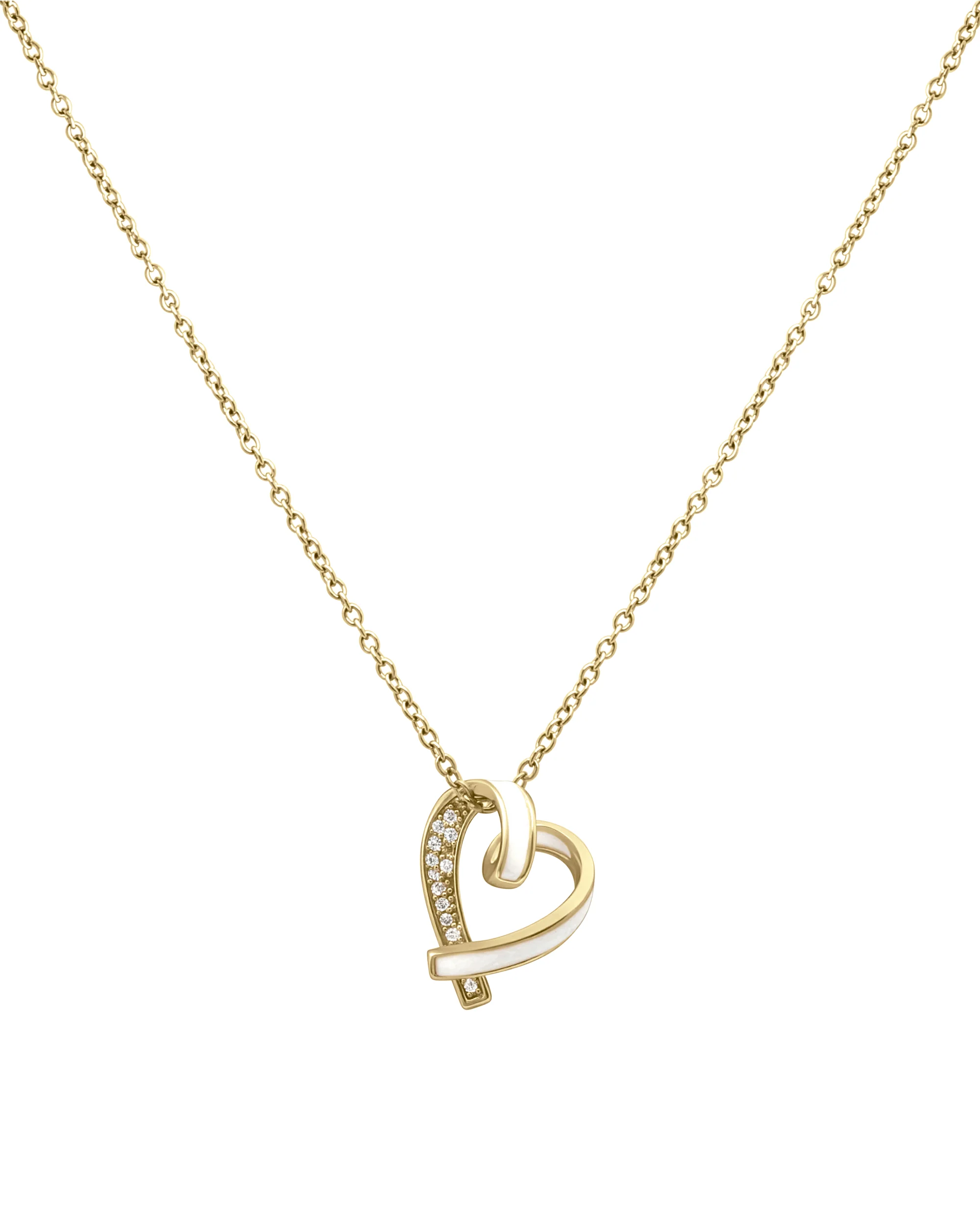 COLLIER EN ACIER DORE PENDENTIF COEUR AVEC EMAIL BLANC ET STRASS - Image 3