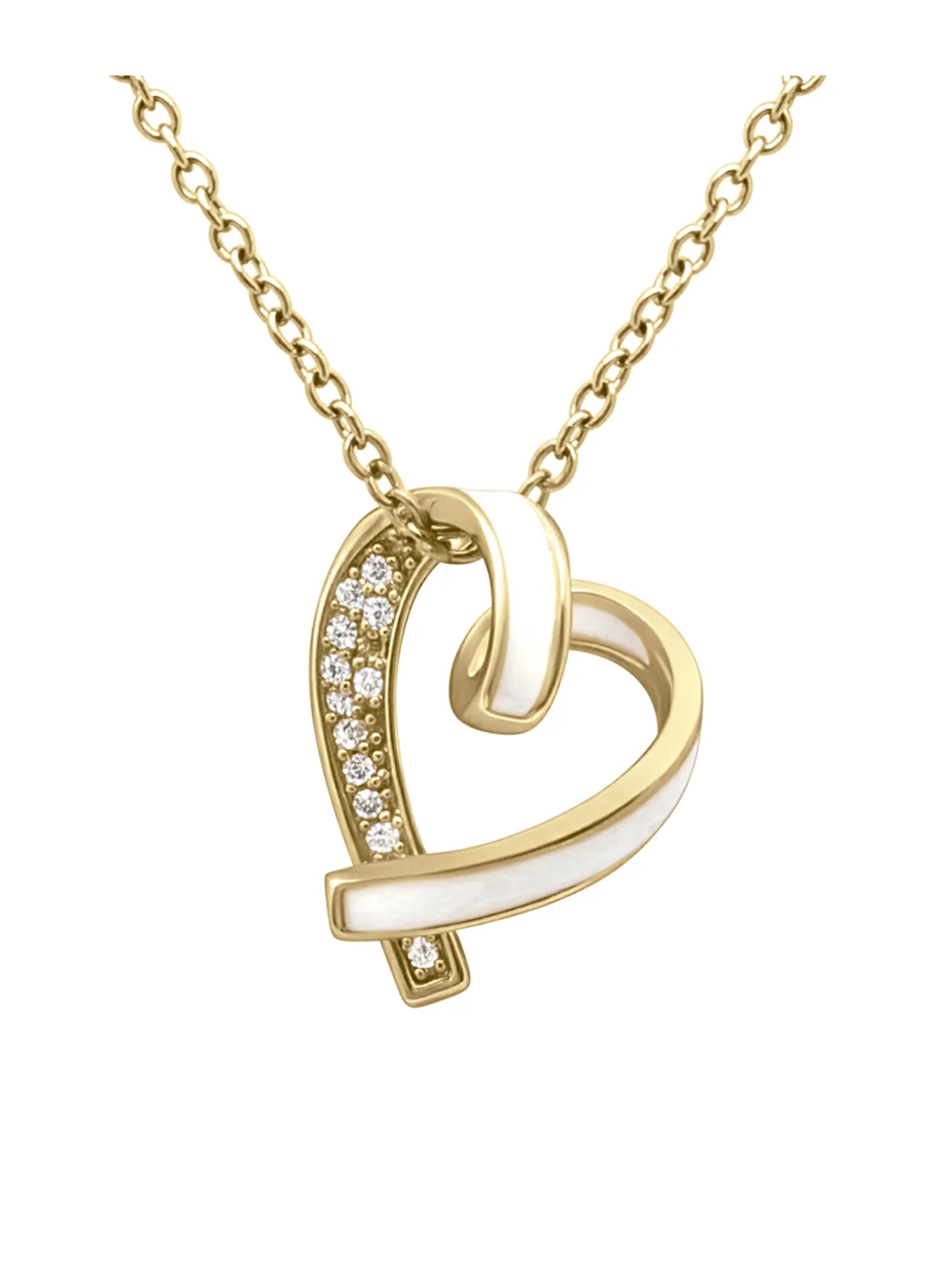 COLLIER EN ACIER DORE PENDENTIF COEUR AVEC EMAIL BLANC ET STRASS - Image 4