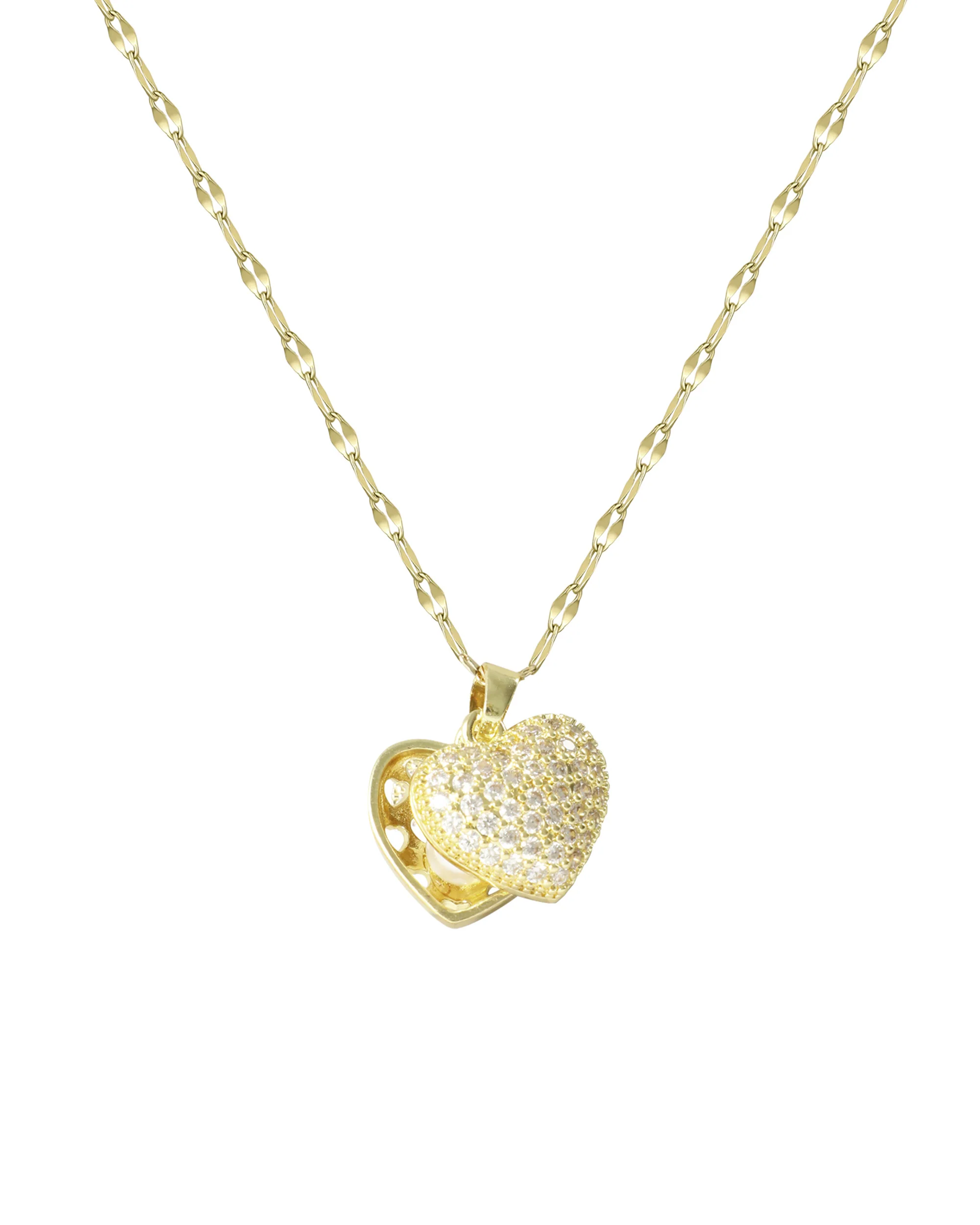 COLLIER EN ACIER DORE PENDENTIF COEUR OUVERT AVEC PERLE
