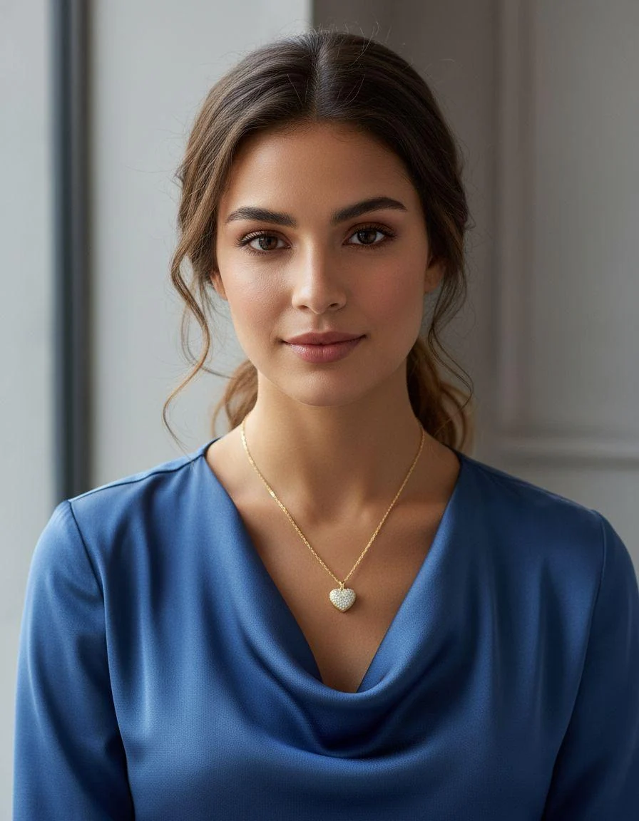 COLLIER EN ACIER DORE PENDENTIF COEUR OUVERT AVEC PERLE - Image 2