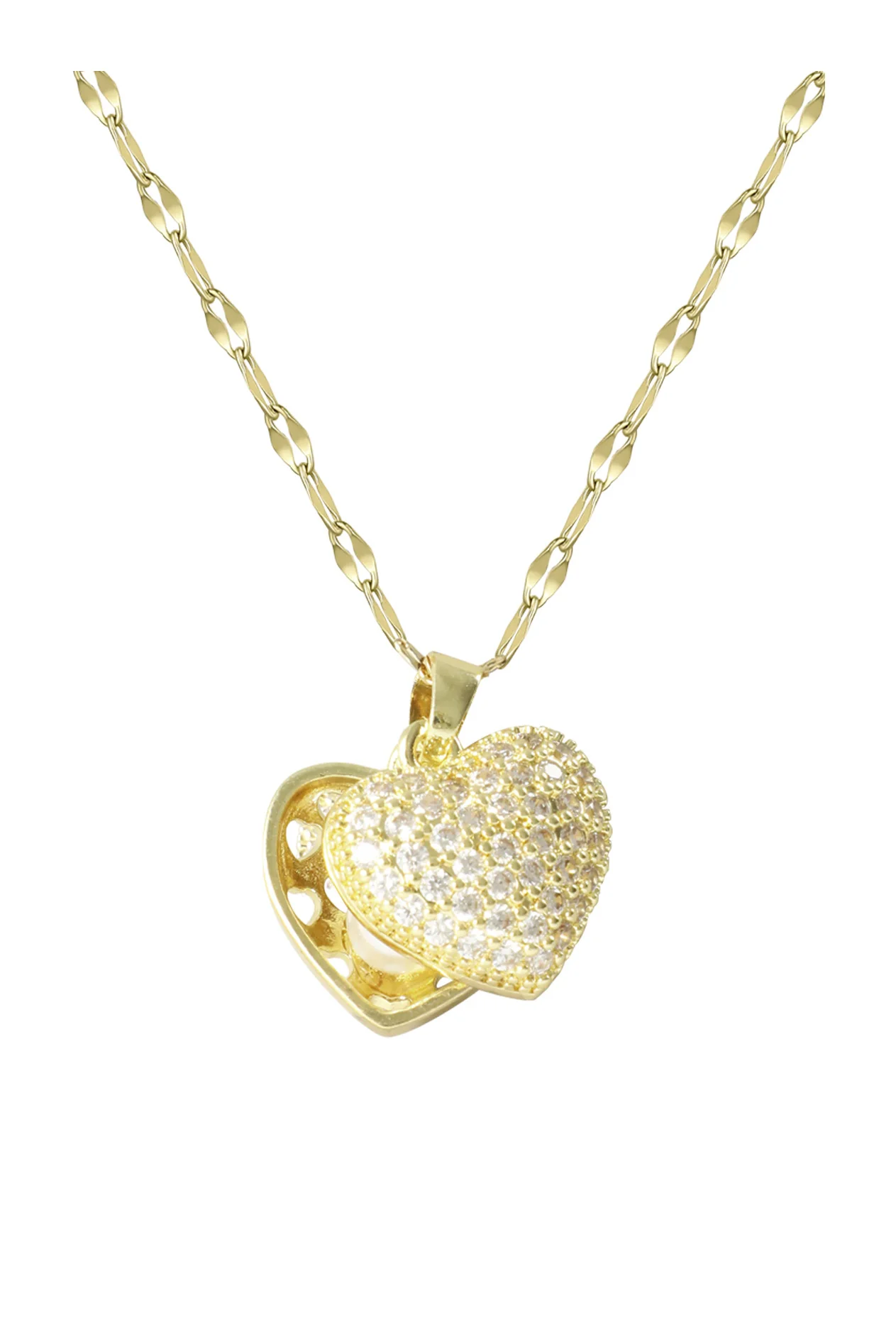 COLLIER EN ACIER DORE PENDENTIF COEUR OUVERT AVEC PERLE - Image 4