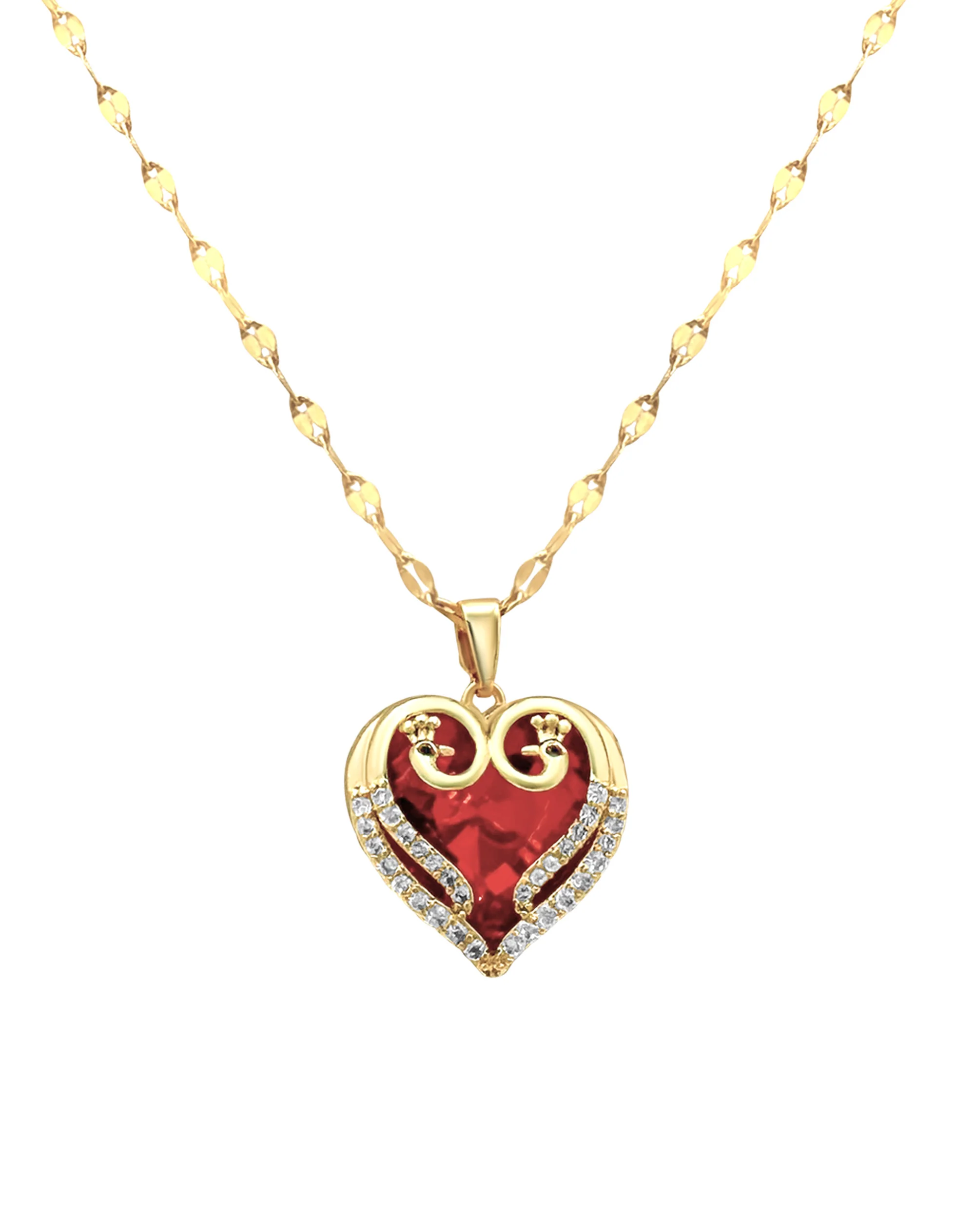 COLLIER EN ACIER DORE PENDENTIF COEUR RUBIS AVEC STRASS