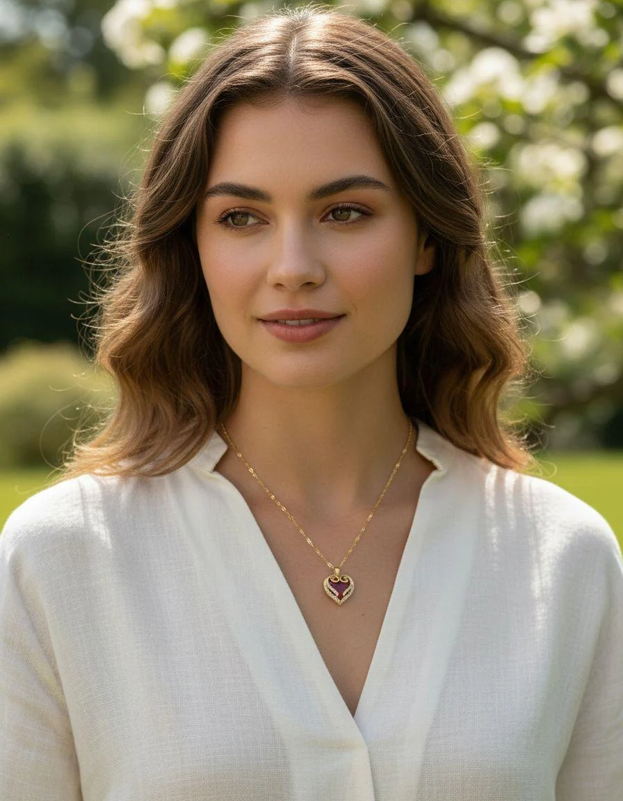COLLIER EN ACIER DORE PENDENTIF COEUR RUBIS AVEC STRASS - Image 2