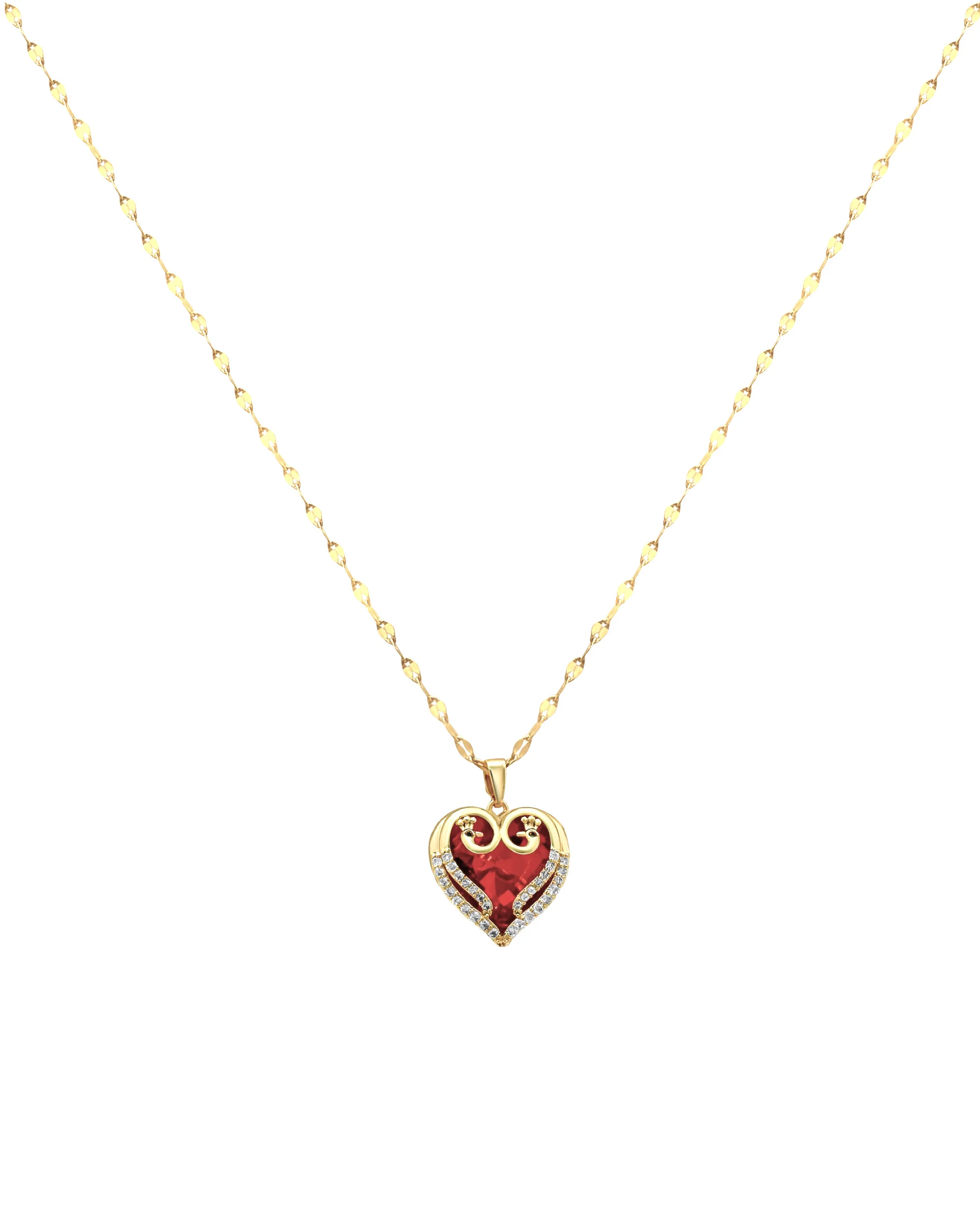 COLLIER EN ACIER DORE PENDENTIF COEUR RUBIS AVEC STRASS - Image 3