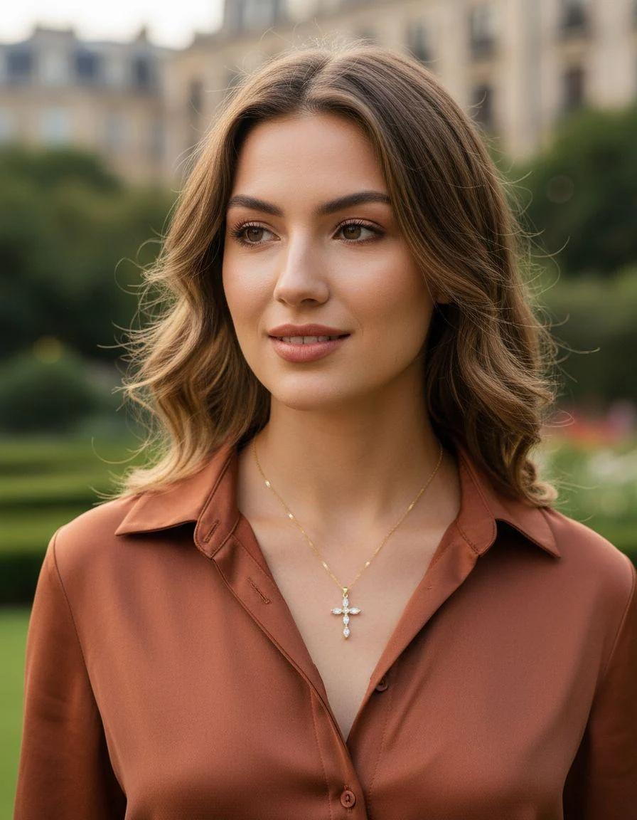 COLLIER EN ACIER DORE PENDENTIF CROIX AVEC ZIRCONIUM - Image 2