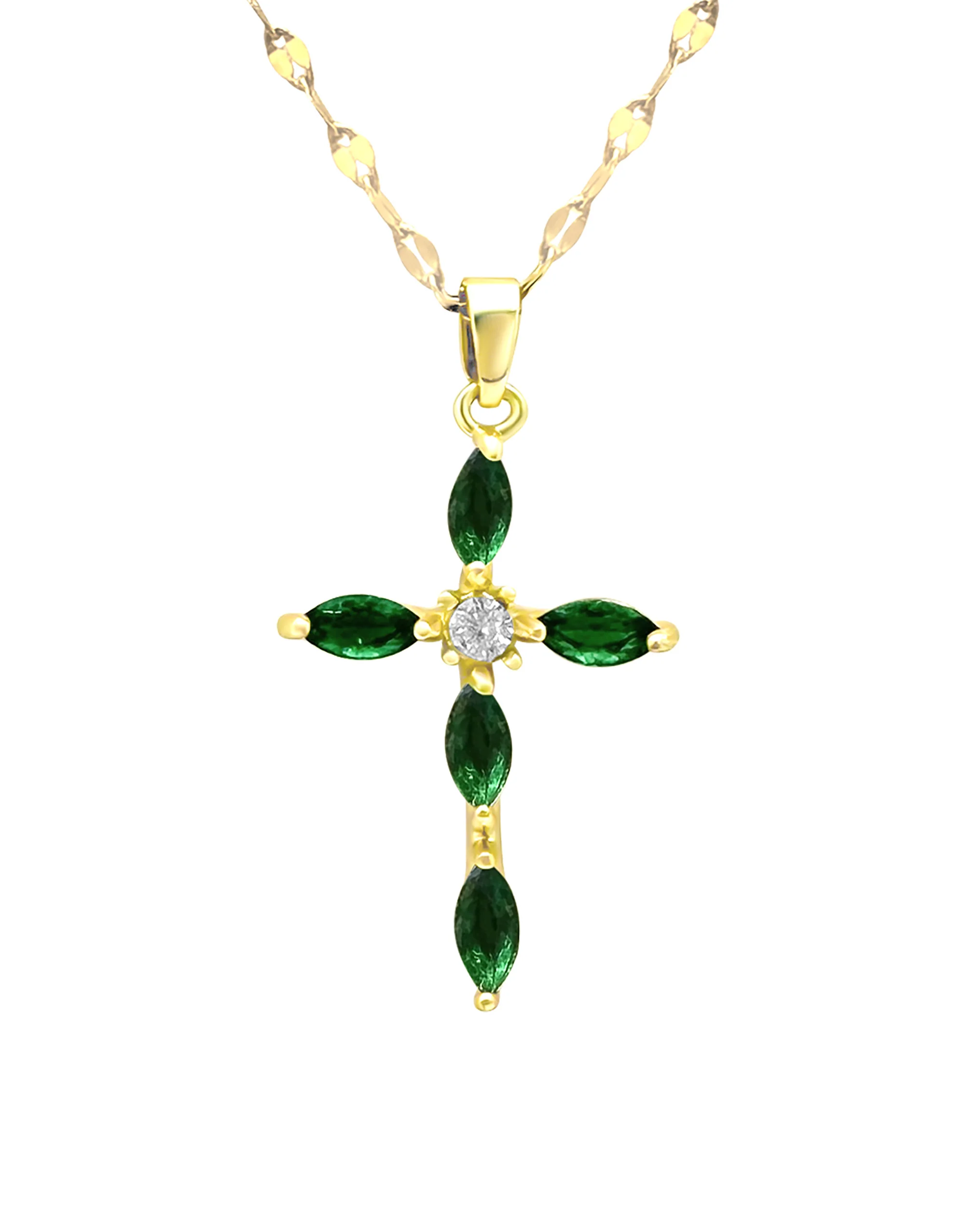 COLLIER EN ACIER DORE PENDENTIF CROIX ÉMERAUDE AVEC ZIRCONIUM - Image 4