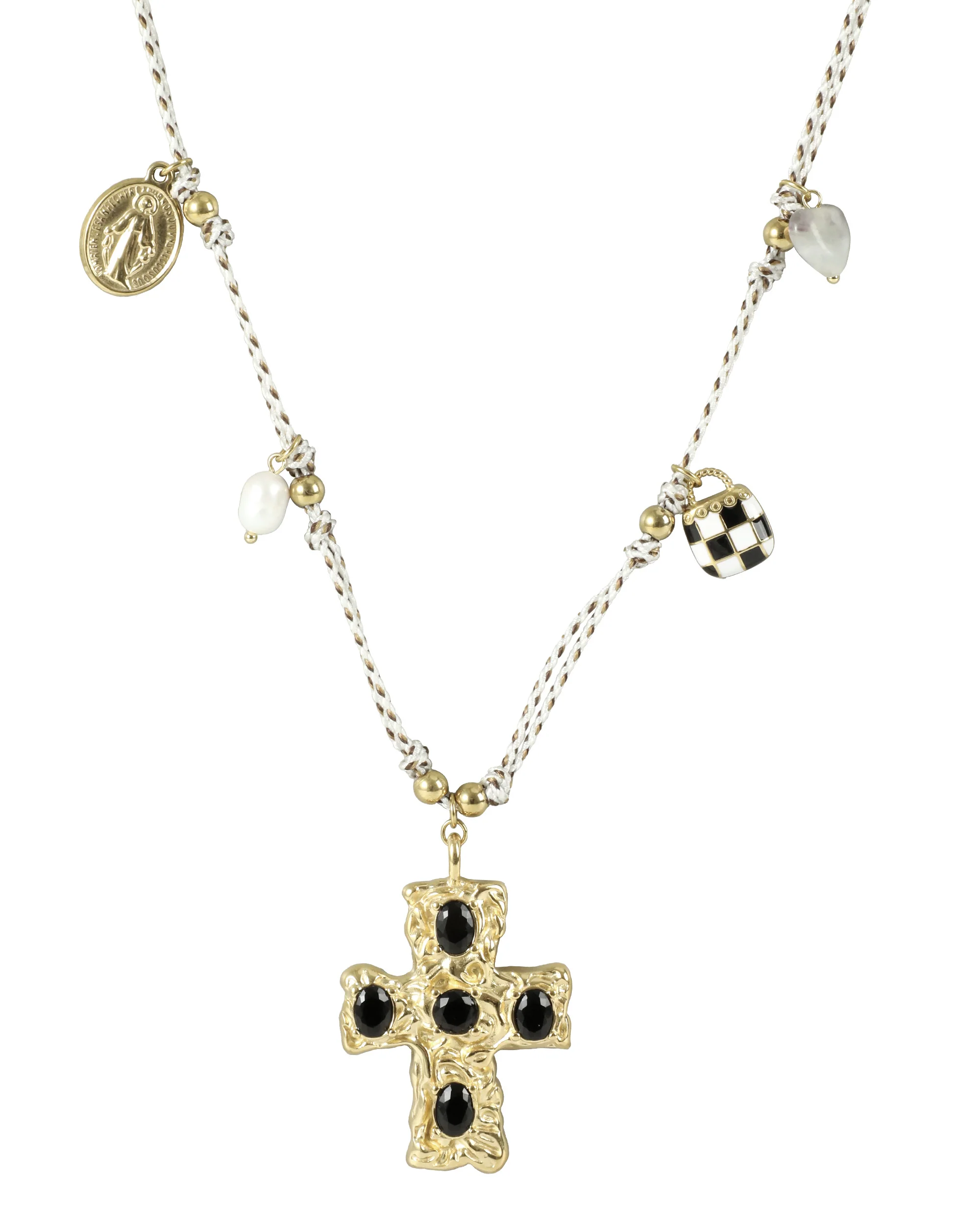 COLLIER EN ACIER DORE PENDENTIF CROIX ORNE DE CHARMS