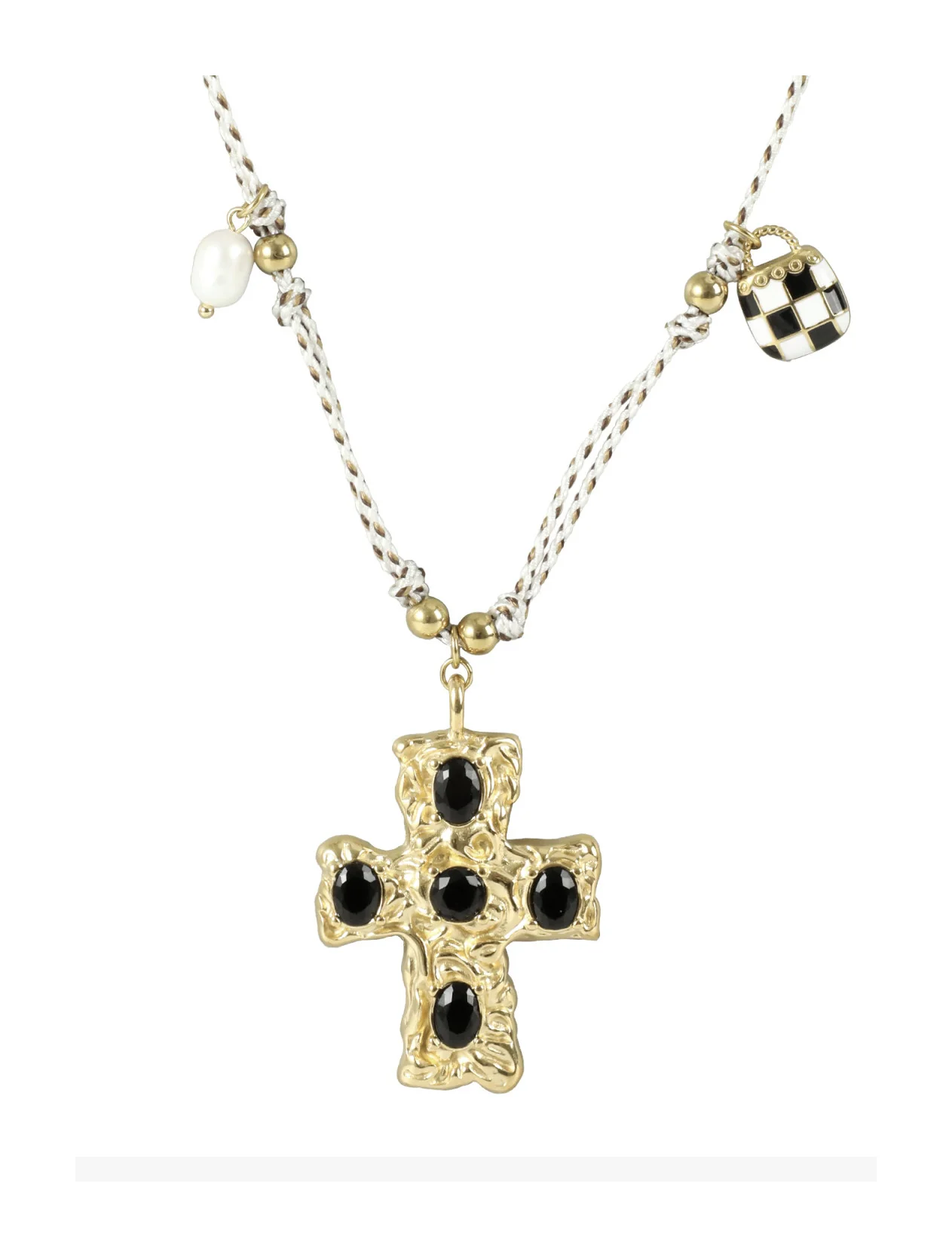 COLLIER EN ACIER DORE PENDENTIF CROIX ORNE DE CHARMS - Image 3
