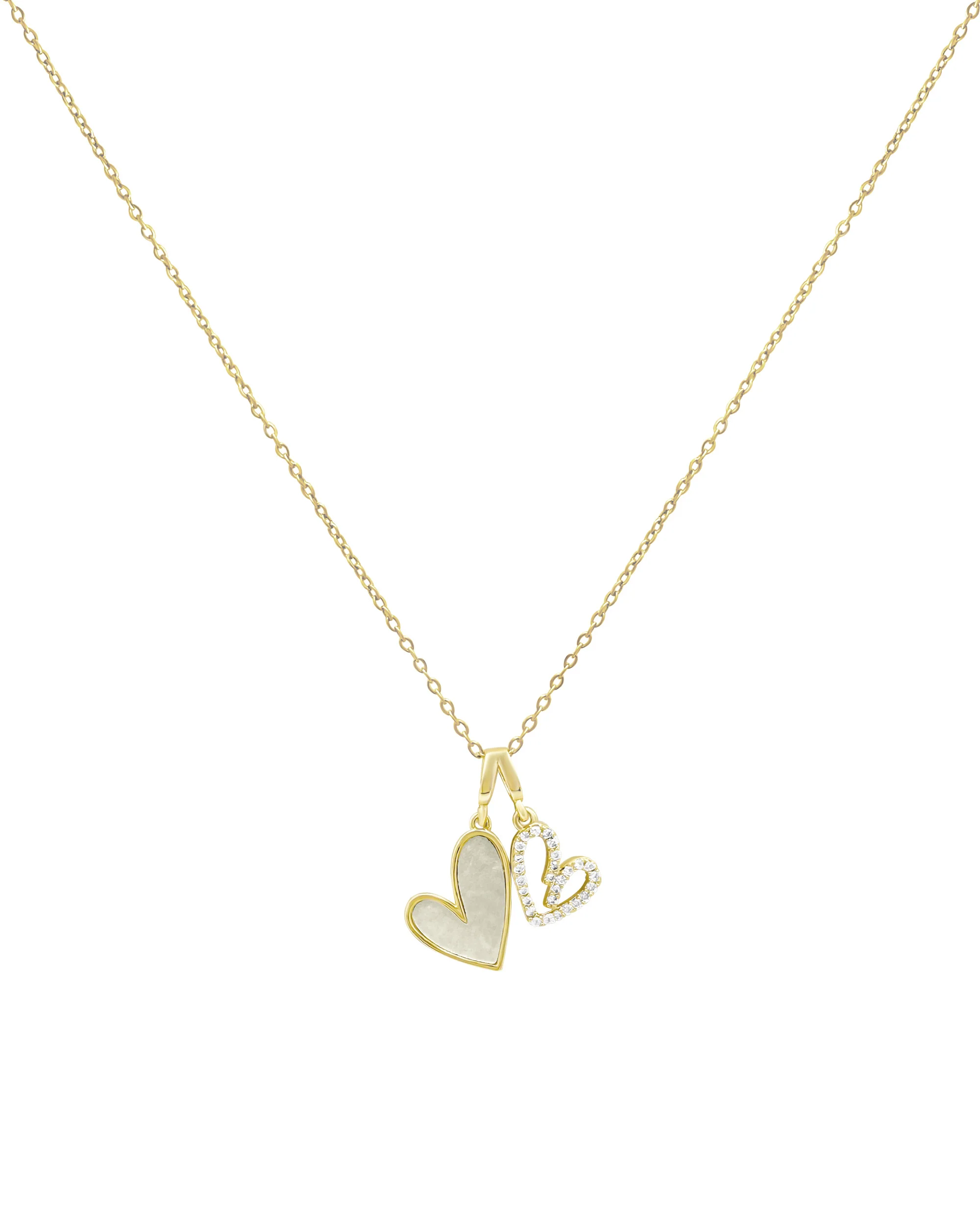 COLLIER EN ACIER DORÉ PENDENTIF DOUBLE COEUR NACRE ET ZIRCONIUM - Image 3