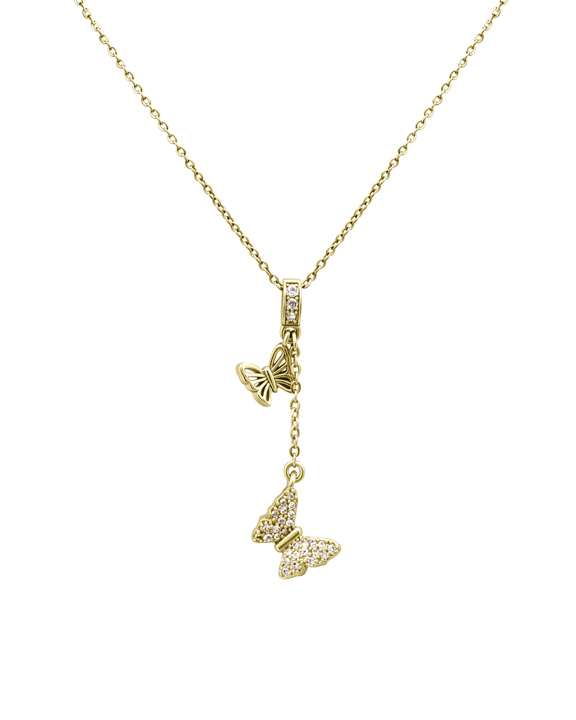 COLLIER EN ACIER DORE PENDENTIF DOUBLE PAPILLONS ET STRASS