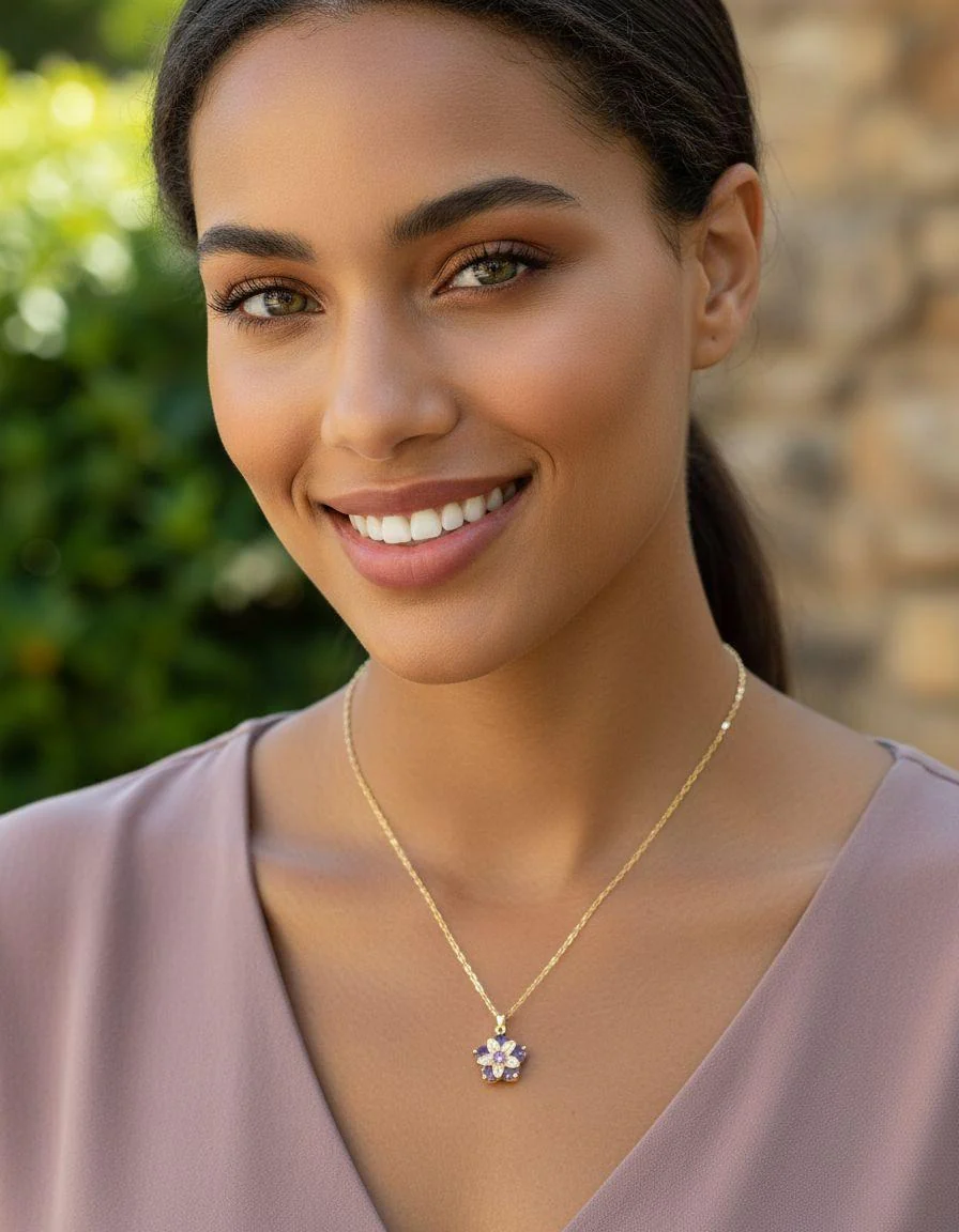 COLLIER EN ACIER DORÉ PENDENTIF FLEUR AMÉTHYSTE  EN ZIRCONIUM ROTATIVE - Image 2