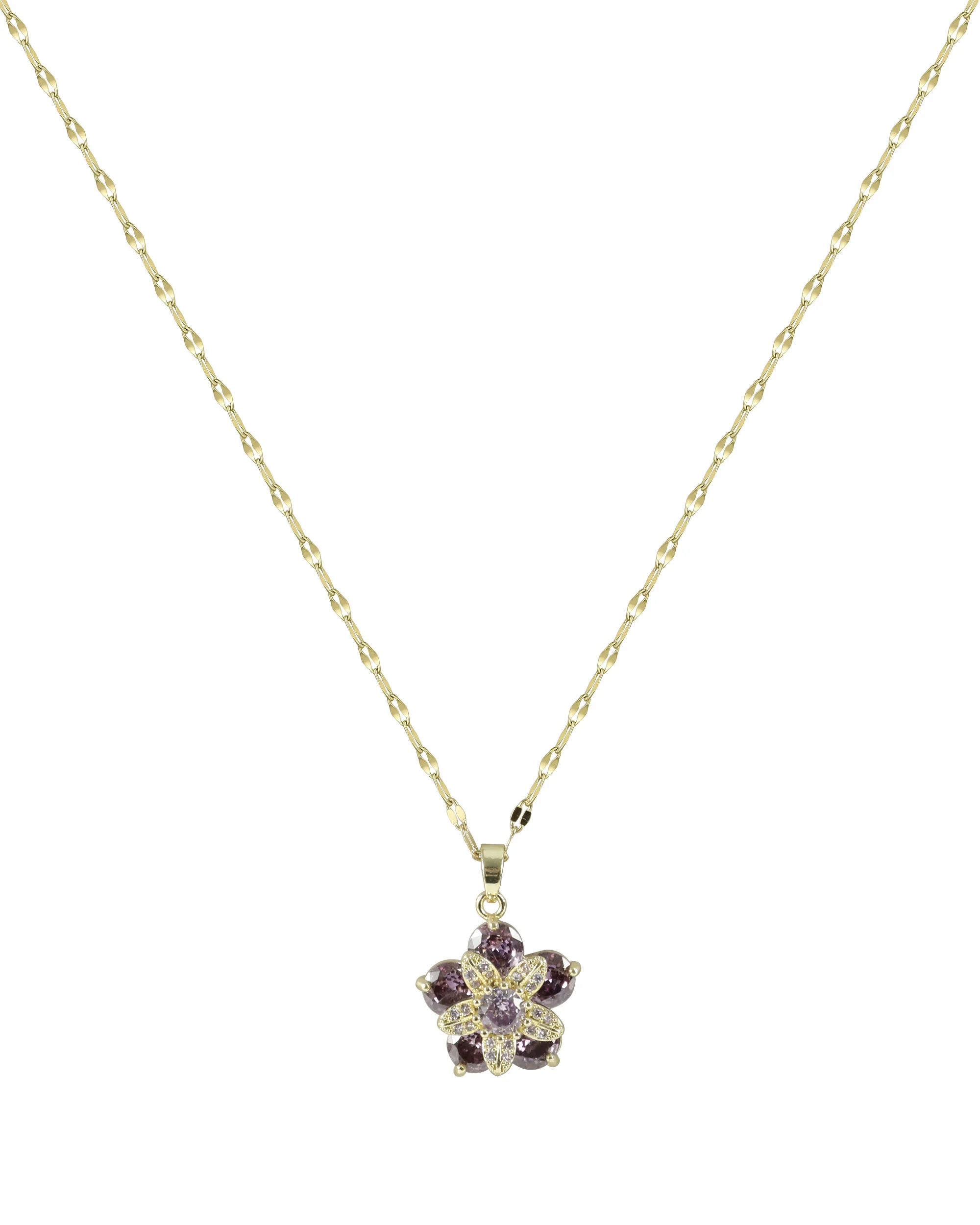 COLLIER EN ACIER DORÉ PENDENTIF FLEUR AMÉTHYSTE  EN ZIRCONIUM ROTATIVE - Image 3
