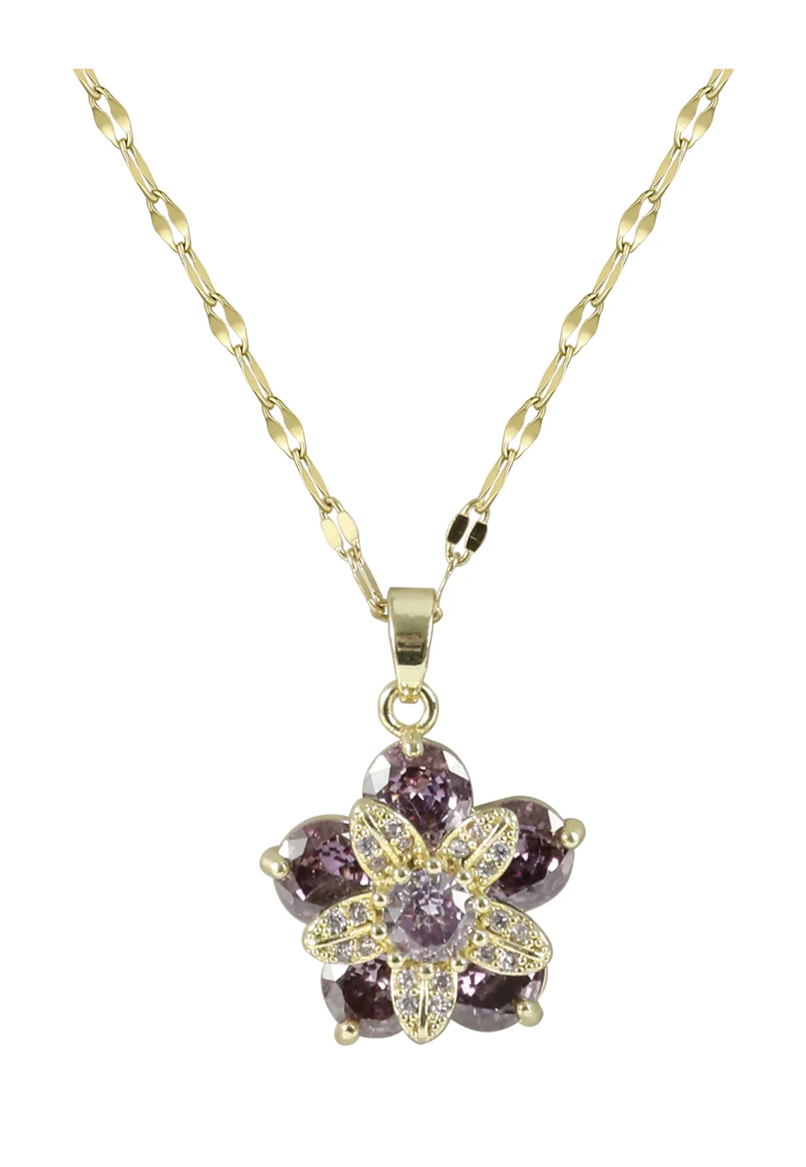 COLLIER EN ACIER DORÉ PENDENTIF FLEUR AMÉTHYSTE  EN ZIRCONIUM ROTATIVE - Image 4