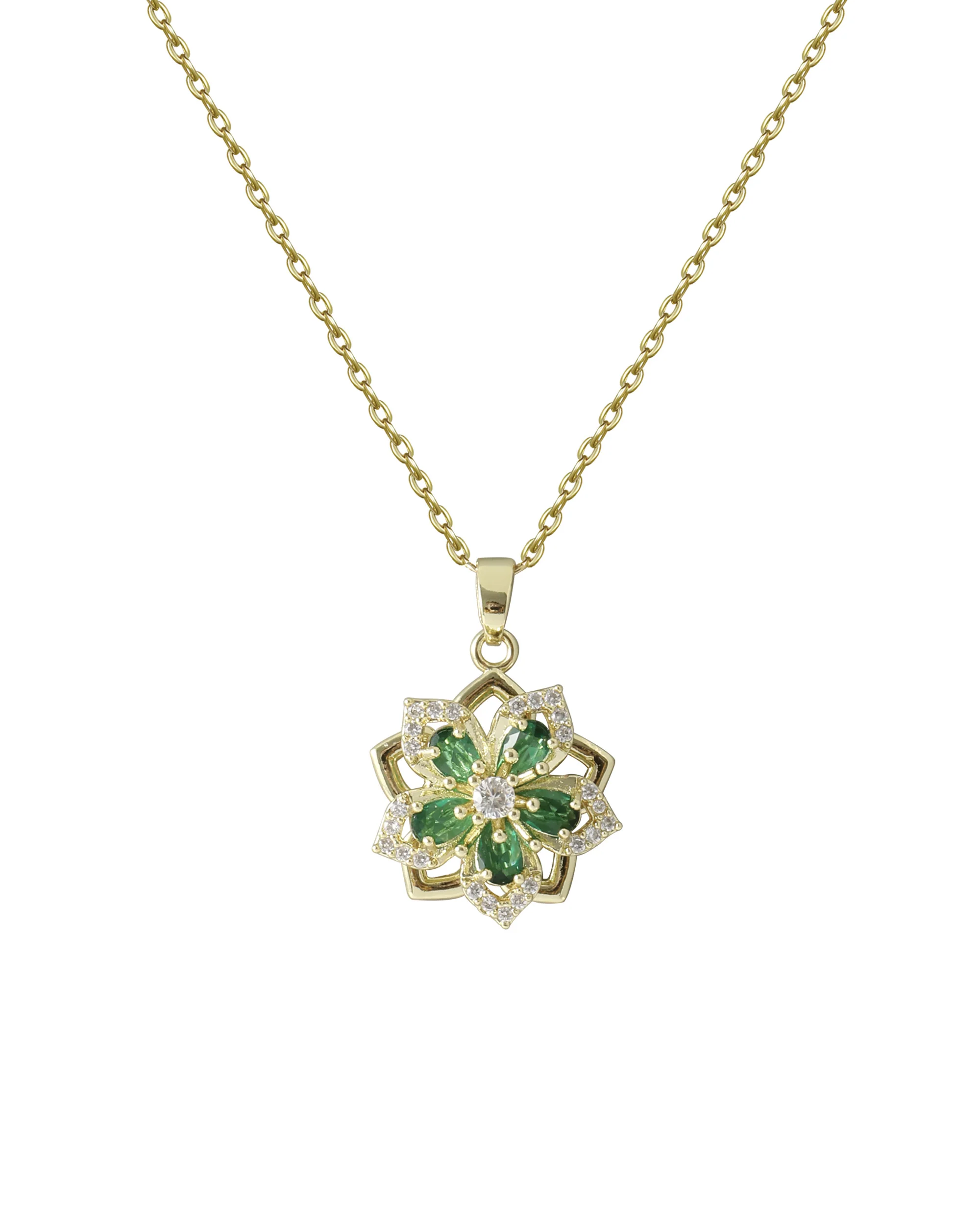 COLLIER EN ACIER DORE PENDENTIF FLEUR EMERAUDE EN ZIRCONIUM