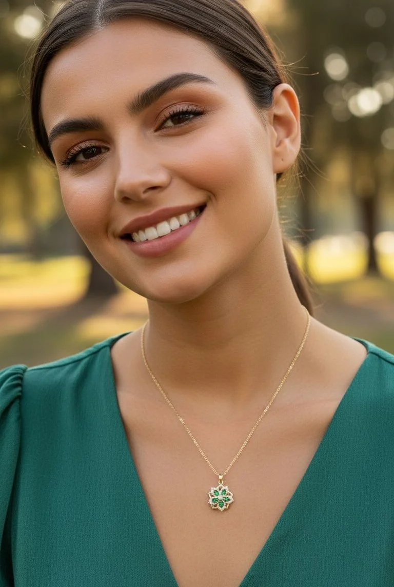 COLLIER EN ACIER DORE PENDENTIF FLEUR EMERAUDE EN ZIRCONIUM - Image 2