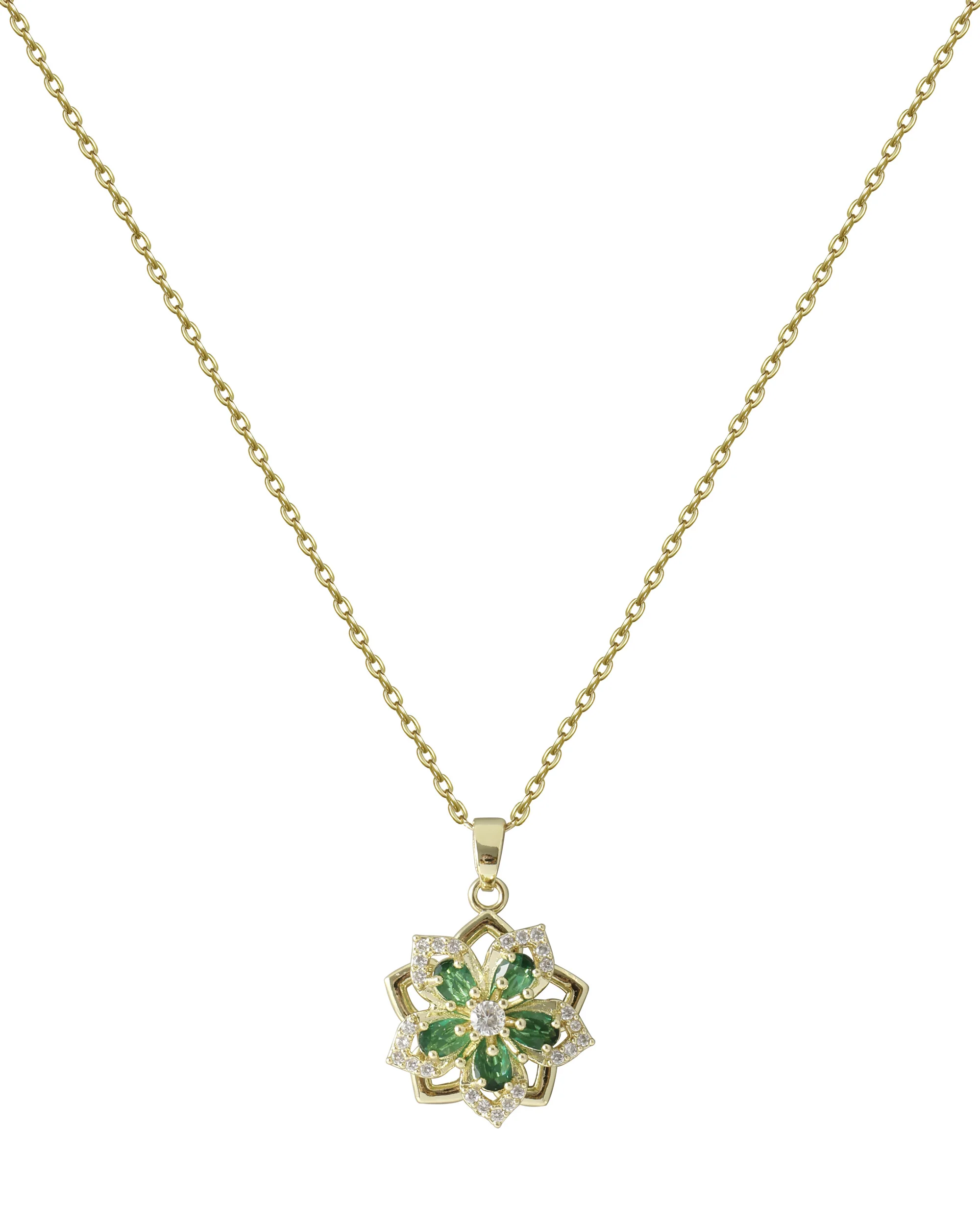 COLLIER EN ACIER DORE PENDENTIF FLEUR EMERAUDE EN ZIRCONIUM - Image 3