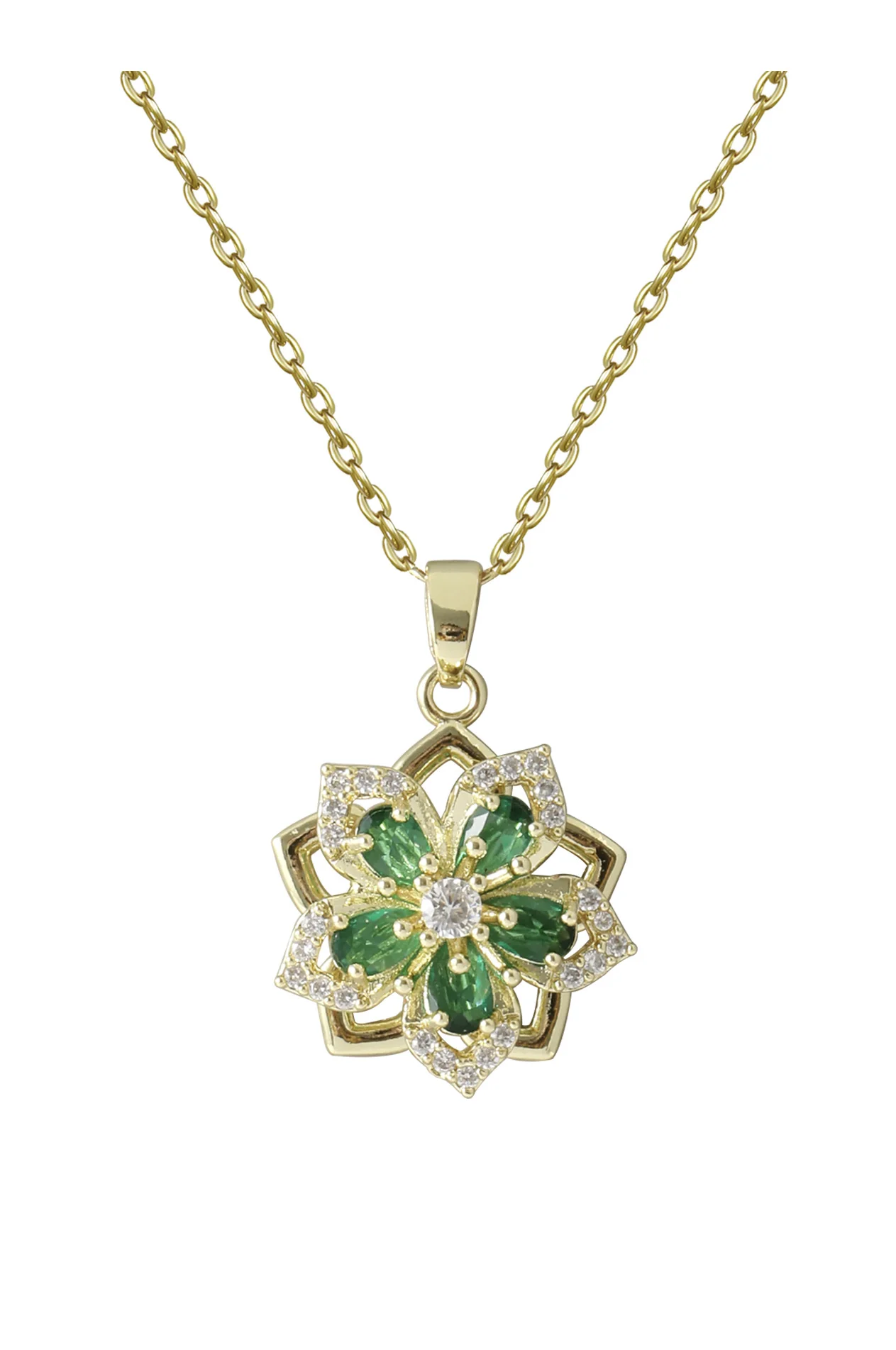 COLLIER EN ACIER DORE PENDENTIF FLEUR EMERAUDE EN ZIRCONIUM - Image 4