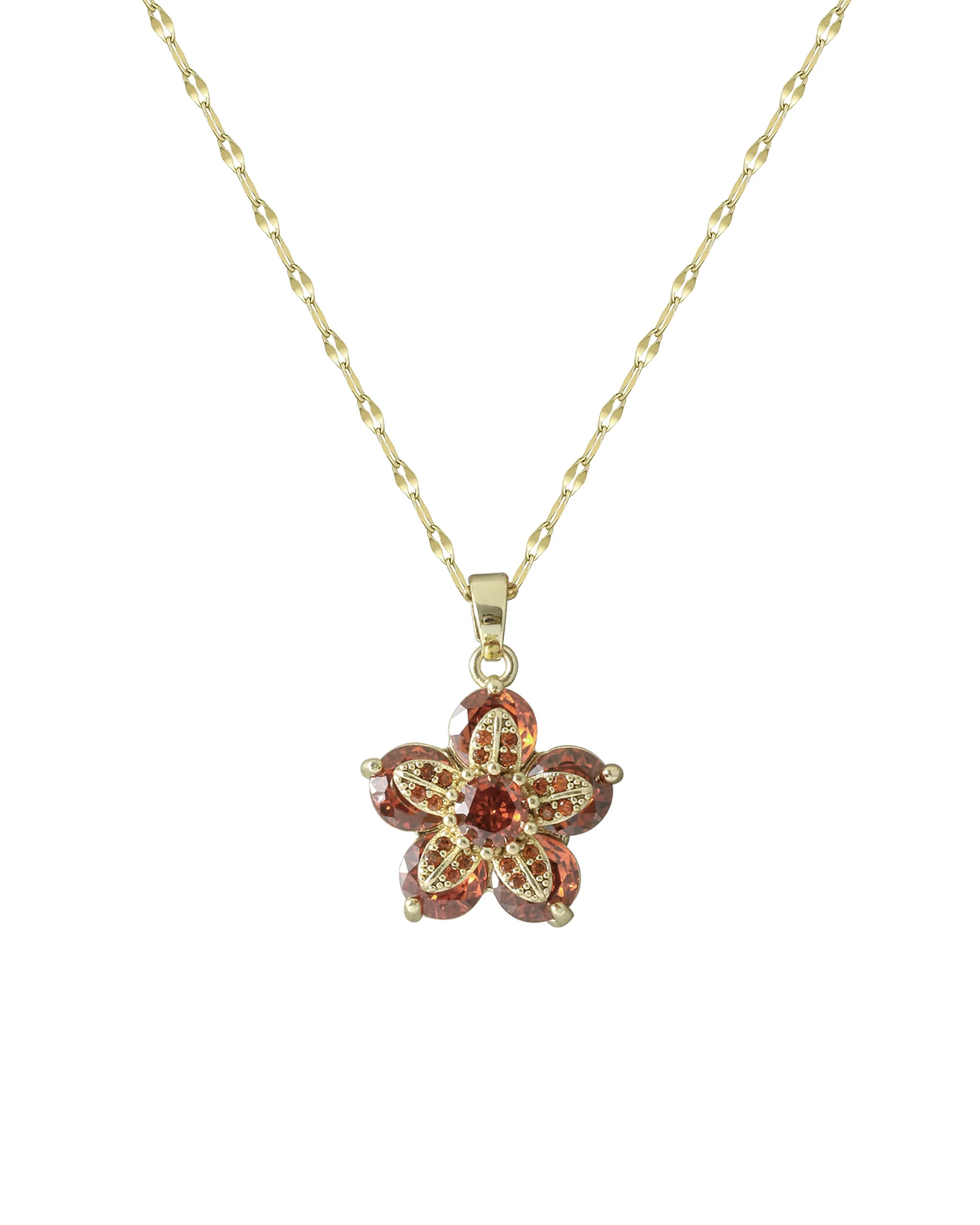 COLLIER EN ACIER DORE PENDENTIF FLEUR GRENAT EN ZIRCONIUM