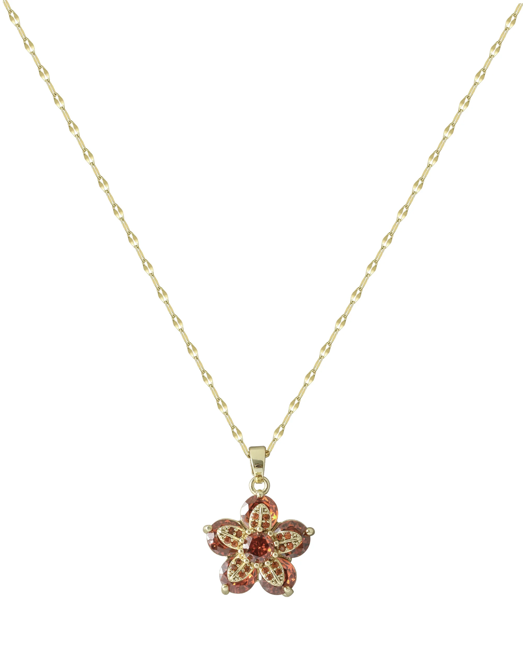 COLLIER EN ACIER DORE PENDENTIF FLEUR GRENAT EN ZIRCONIUM - Image 3