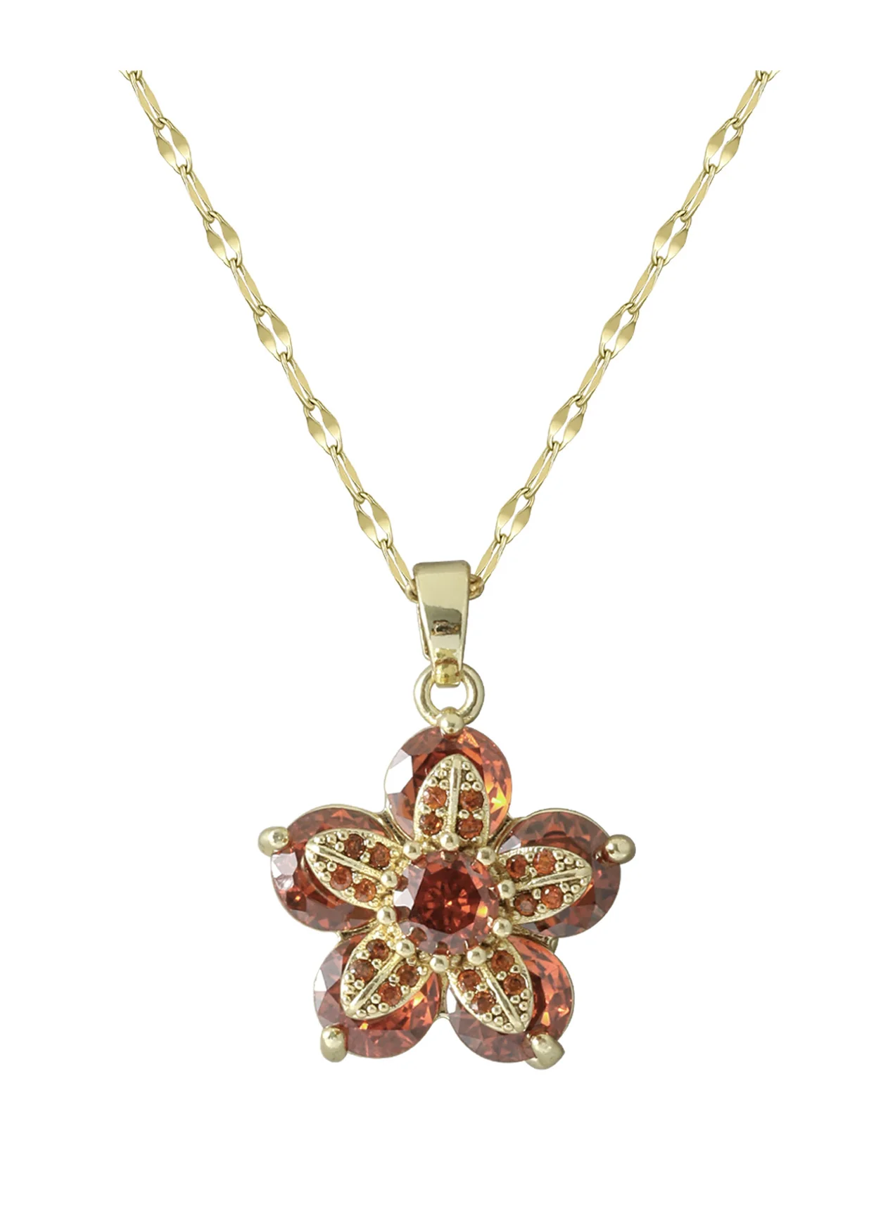 COLLIER EN ACIER DORE PENDENTIF FLEUR GRENAT EN ZIRCONIUM - Image 4