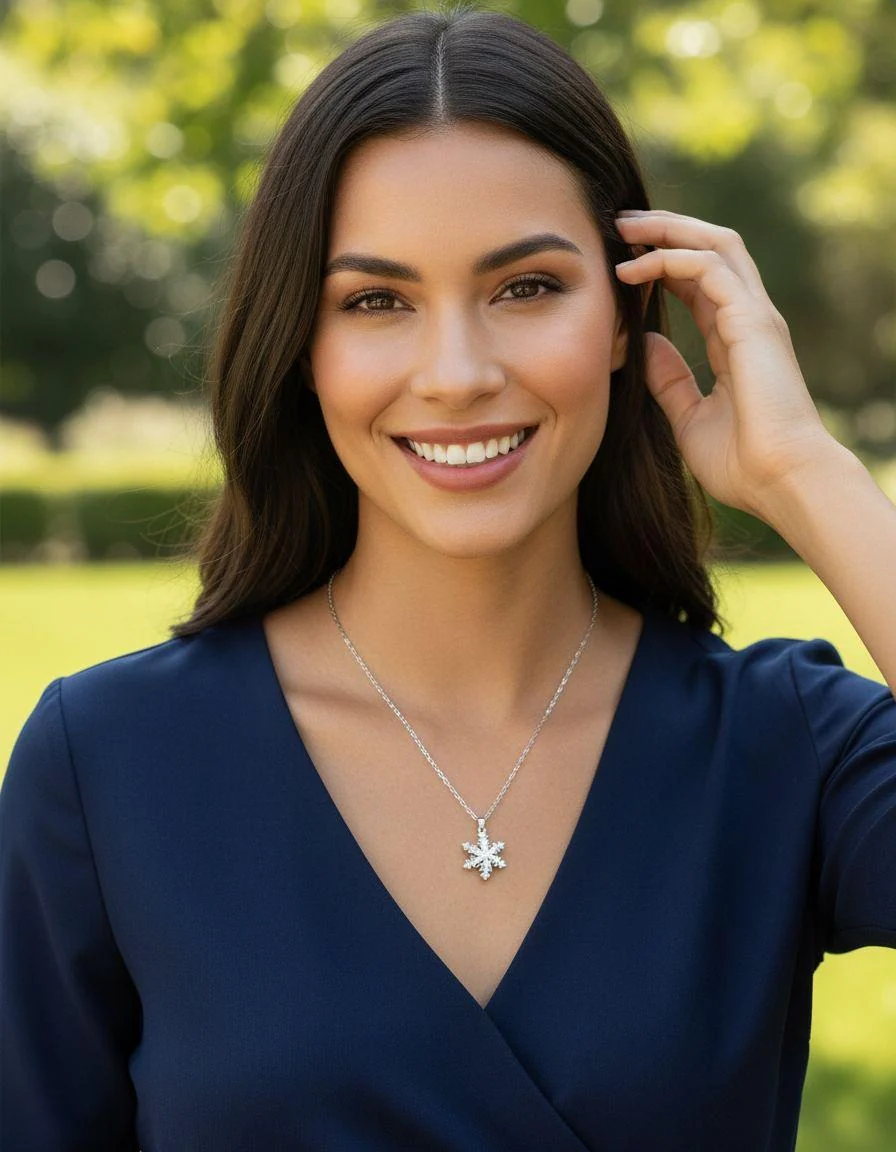 COLLIER EN ACIER DORE PENDENTIF FLOCON DE NEIGE EN ZIRCONIUM - Image 2