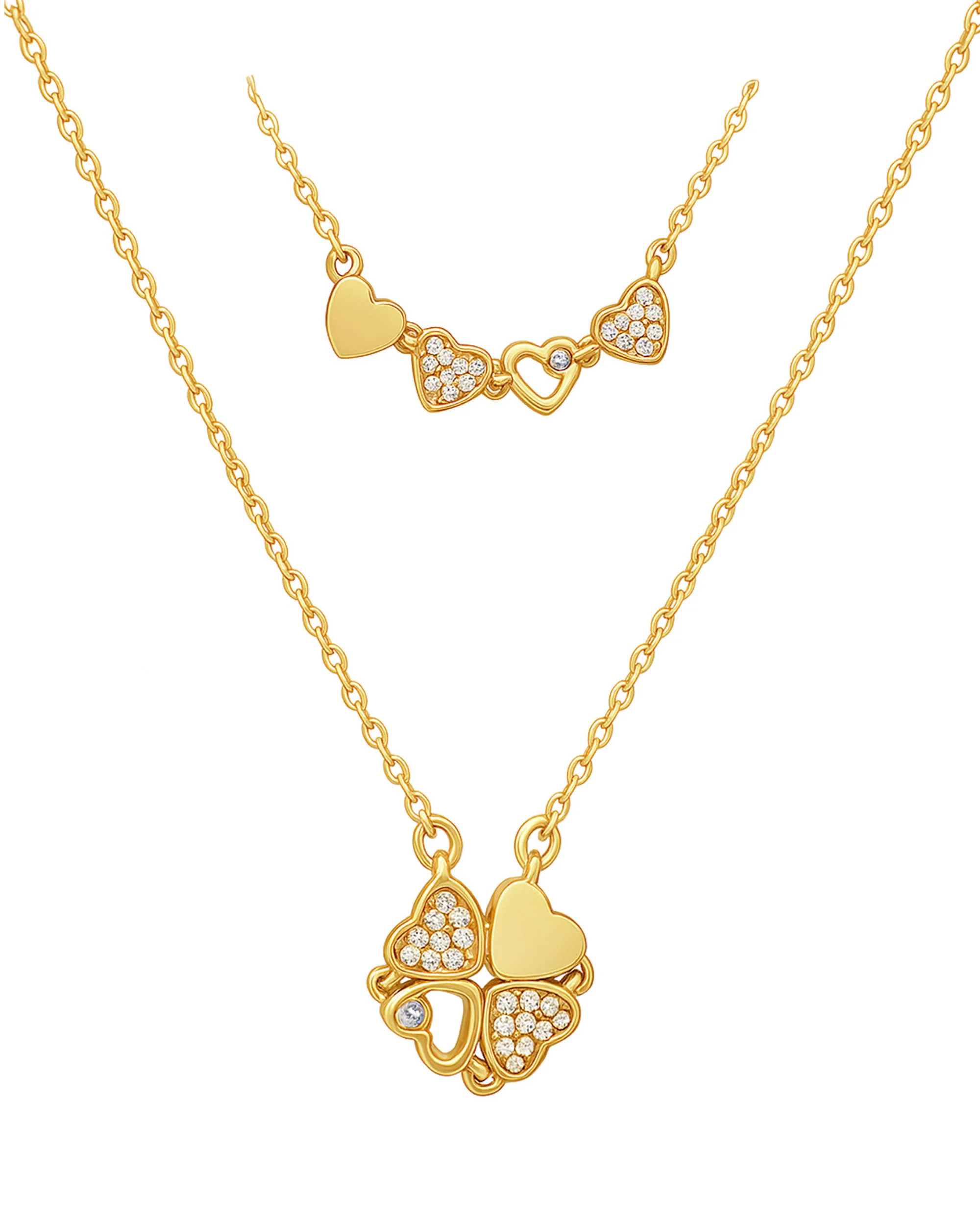 COLLIER EN ACIER DORE PENDENTIF MODIFIABLE TREFLE AVEC 4 COEURS ET ZIRCONIUM
