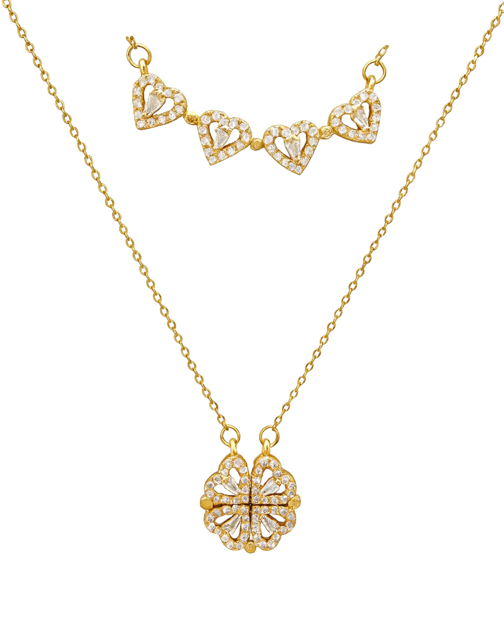 COLLIER EN ACIER DORE PENDENTIF MODIFIABLE TREFLE ET 4 COEURS AVEC PIERRES