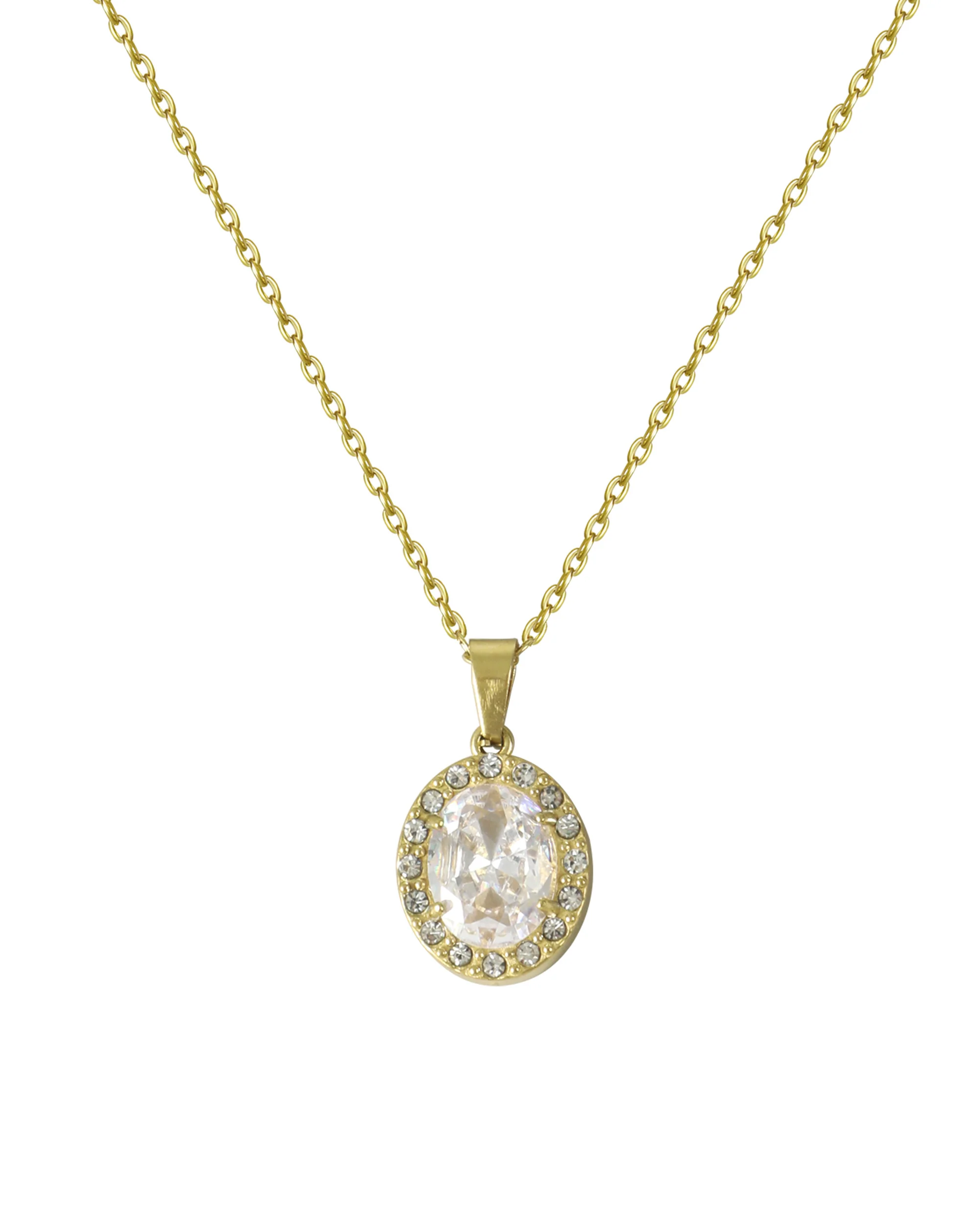 COLLIER EN ACIER DORE PENDENTIF OVALE BLANC AVEC STRASS